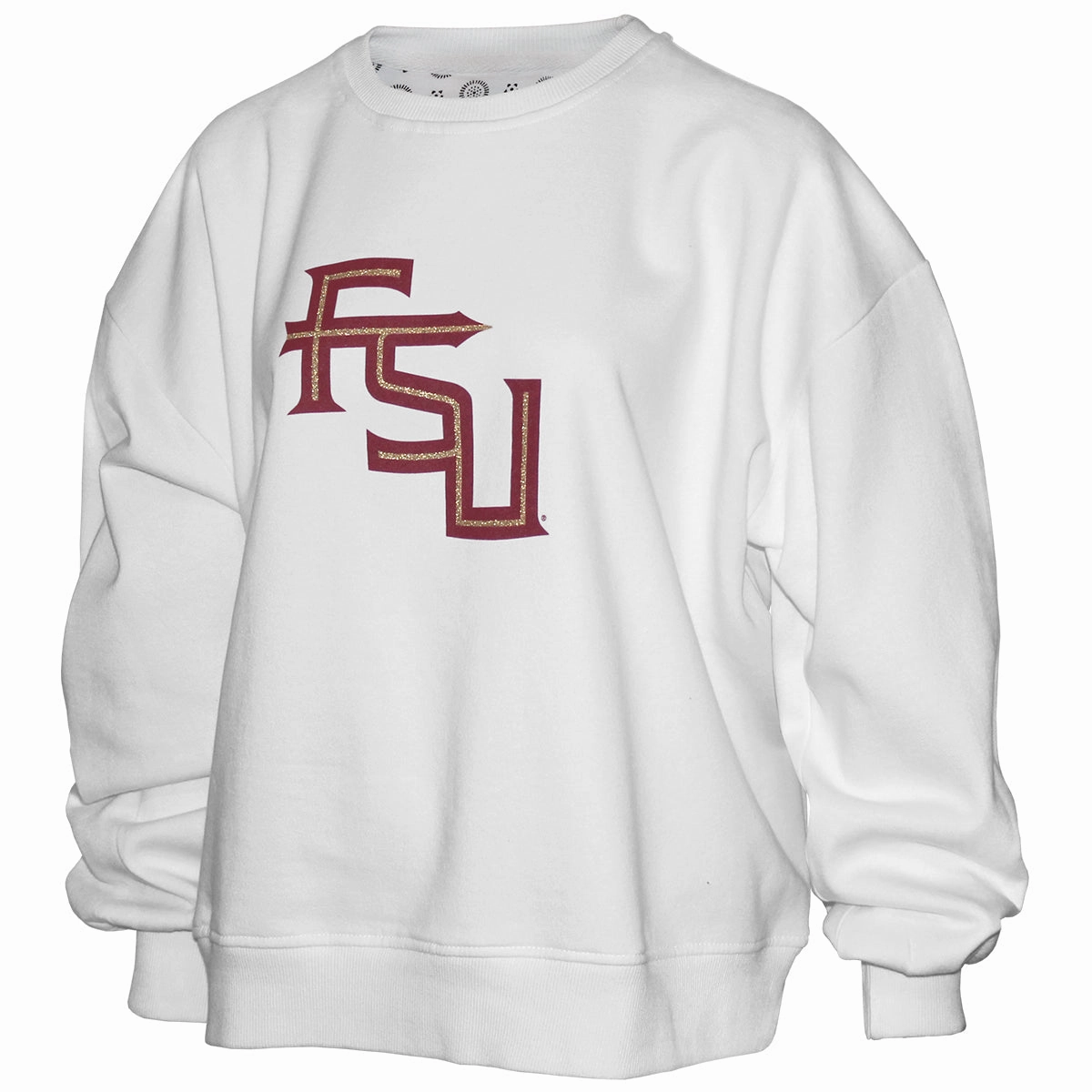 Exclusive Pressbox Women's Glittered Stacked FSU/Go Noles Design Oversized Crew Fleece - White