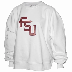 Exclusive Pressbox Women's Glittered Stacked FSU/Go Noles Design Oversized Crew Fleece - White