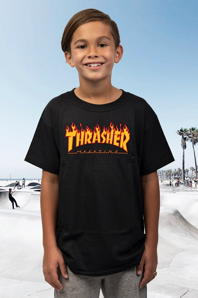 Seam Free Shoulders Soft and Light Thrasher Flame Logo Youth Tee