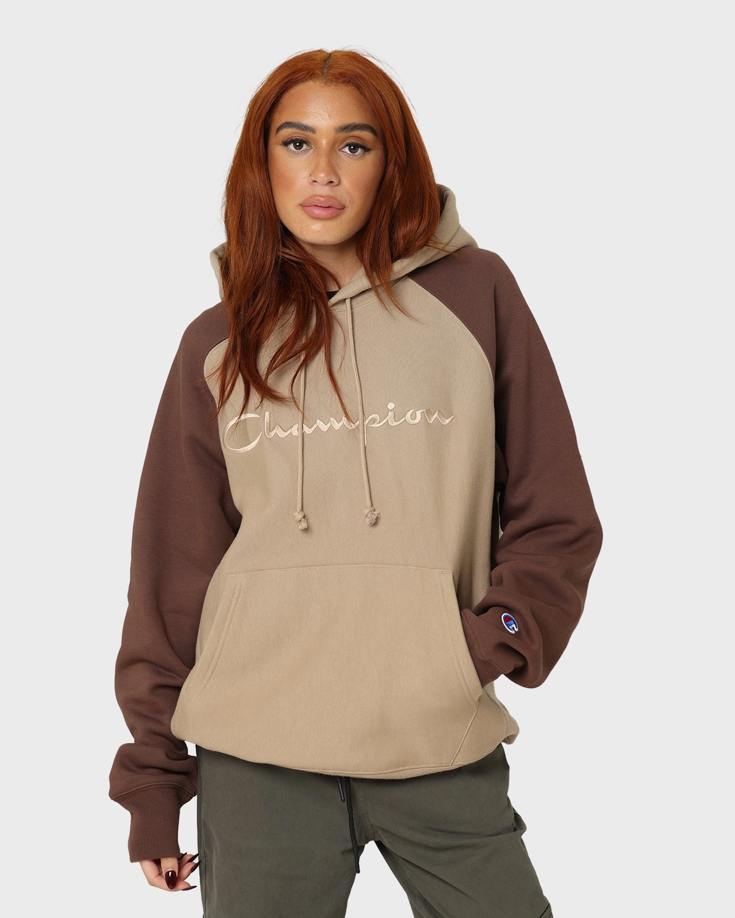 Magnetic Closure Details Champion Reverse Weave Raglan Hoodie Country Walnut