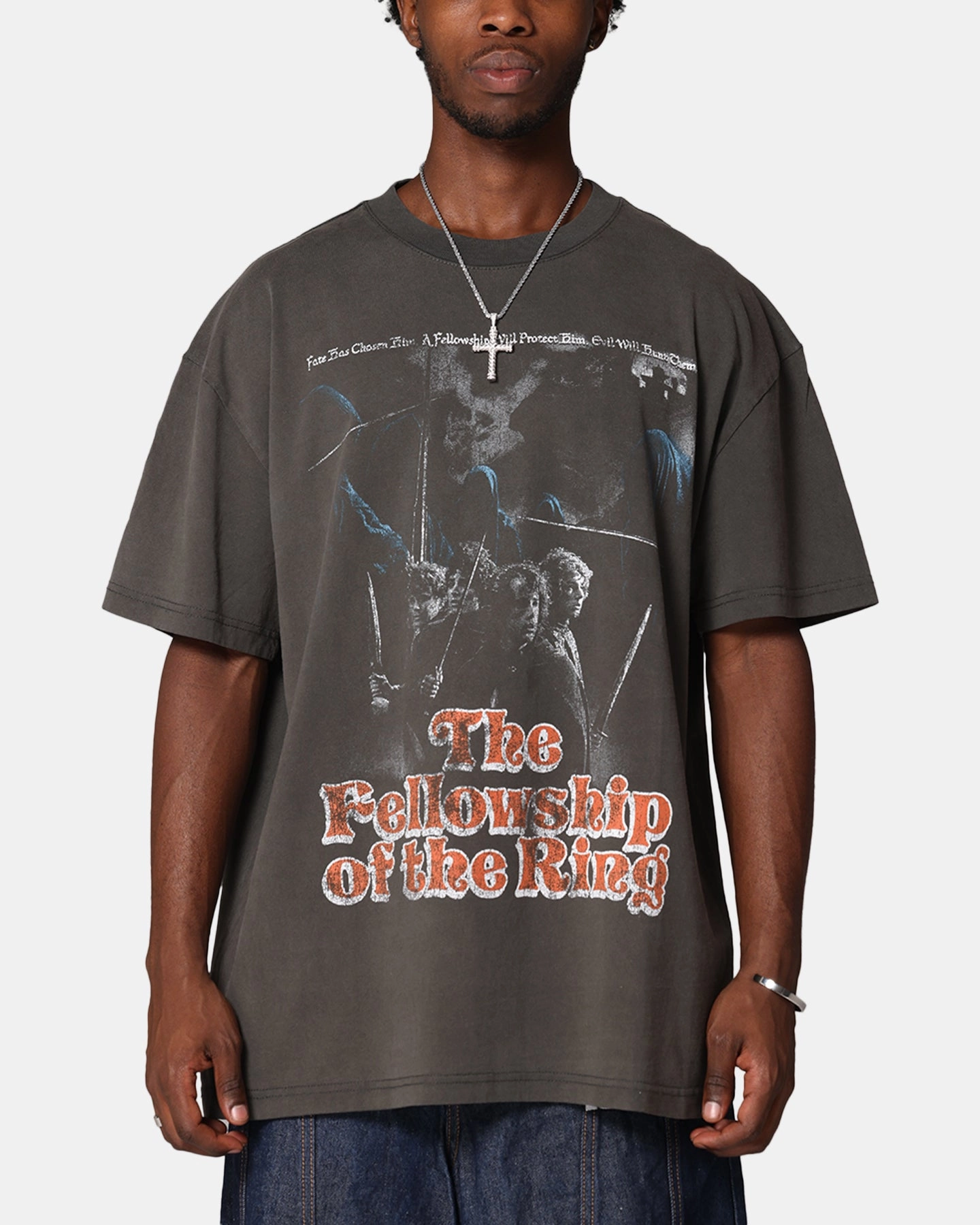 American Thrift X Lord Of The Rings Fellowship Heavy T-Shirt Black Wash Comfy Top Drop Shoulder Design