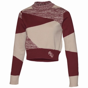 Emerson Street Women's Stacked FSU Logo Heather Knit Long Sleeve Crop Sweater - Garnet/Gold Layered Shoulder Design