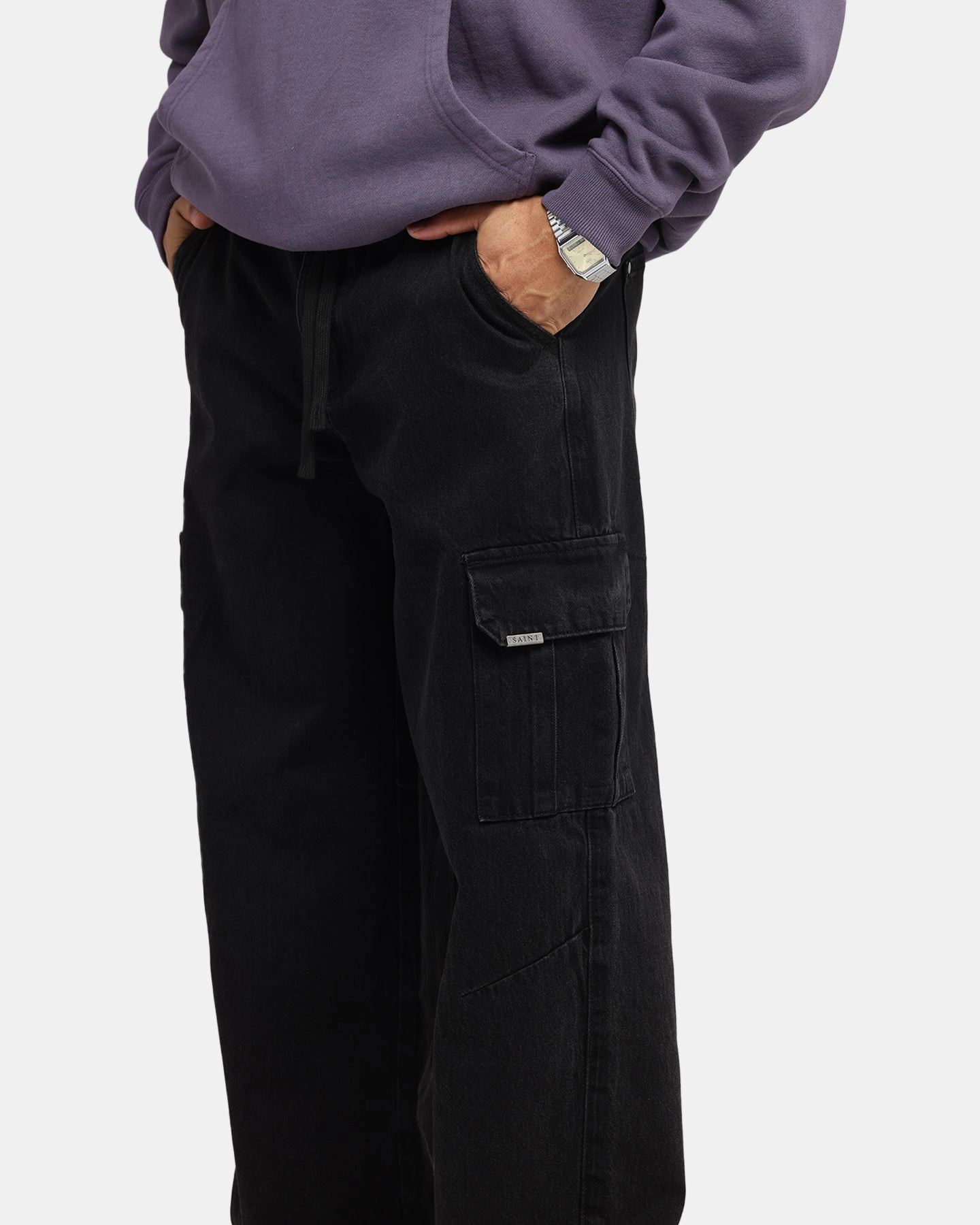 Saint Morta Baggy Cargo Pants Black Durable Hemming Eco Dye Process