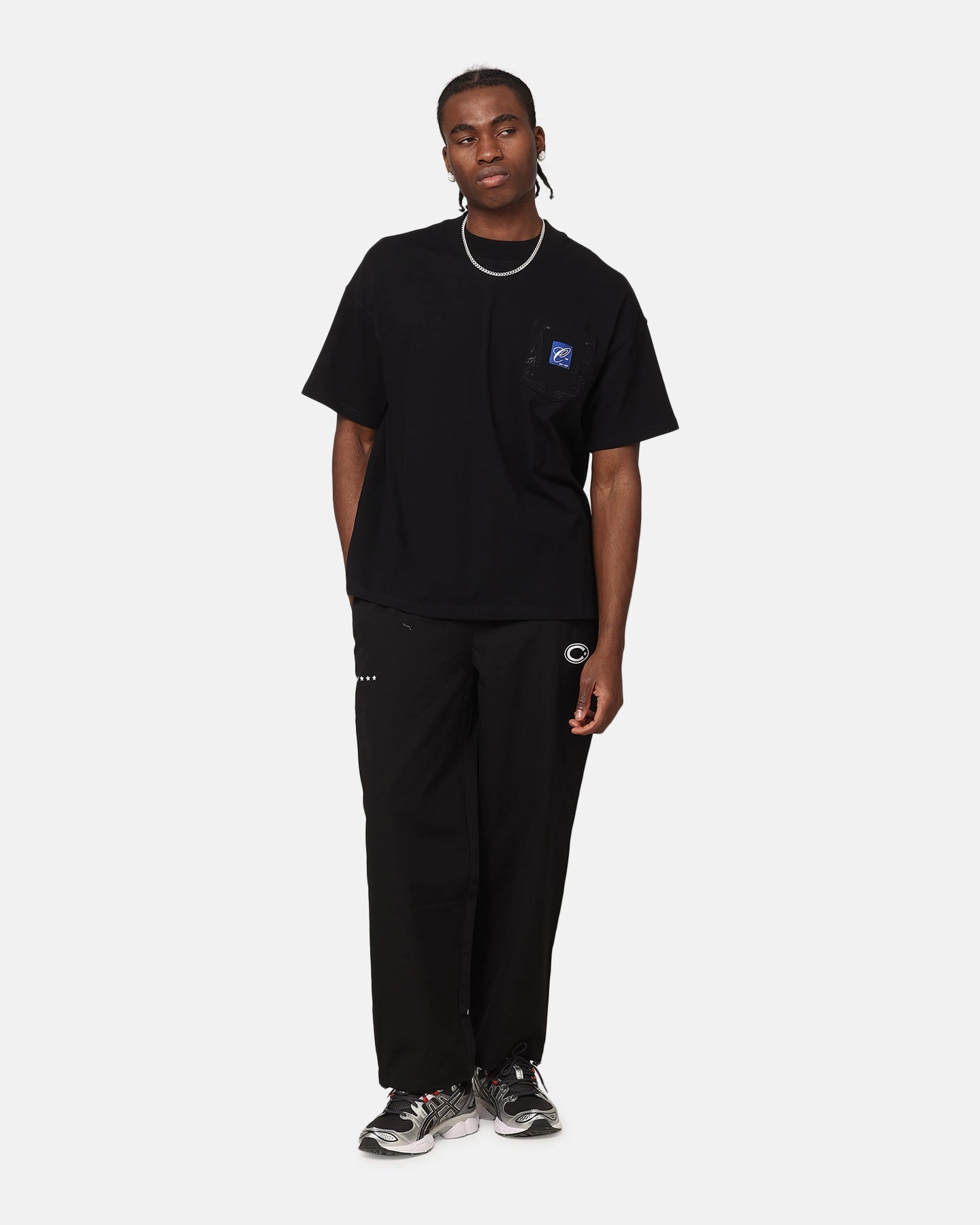 On-the-Go Comfort High Density Weave Carre Floral Pocket Oversized T-Shirt Black
