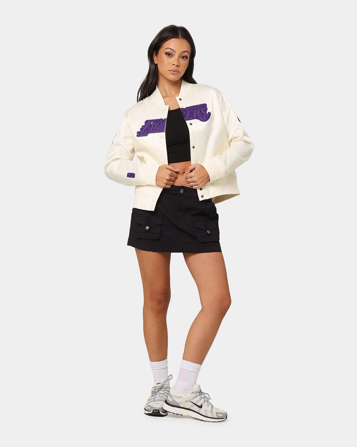 Pro Standard Women's Los Angeles Lakers Triple Tonal Satin Jacket Eggshell Flexible Elbow Panels Cravat