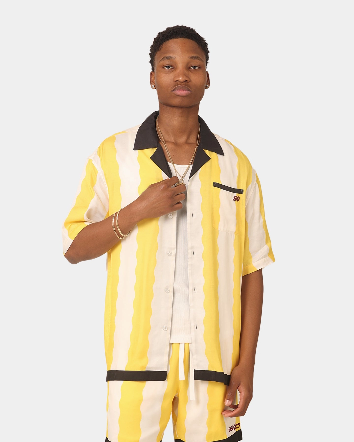 Wrinkle Free Care Flex Fit Collar 99 Cabana Bowling Short Sleeve Button Up Shirt Yellow/Off White