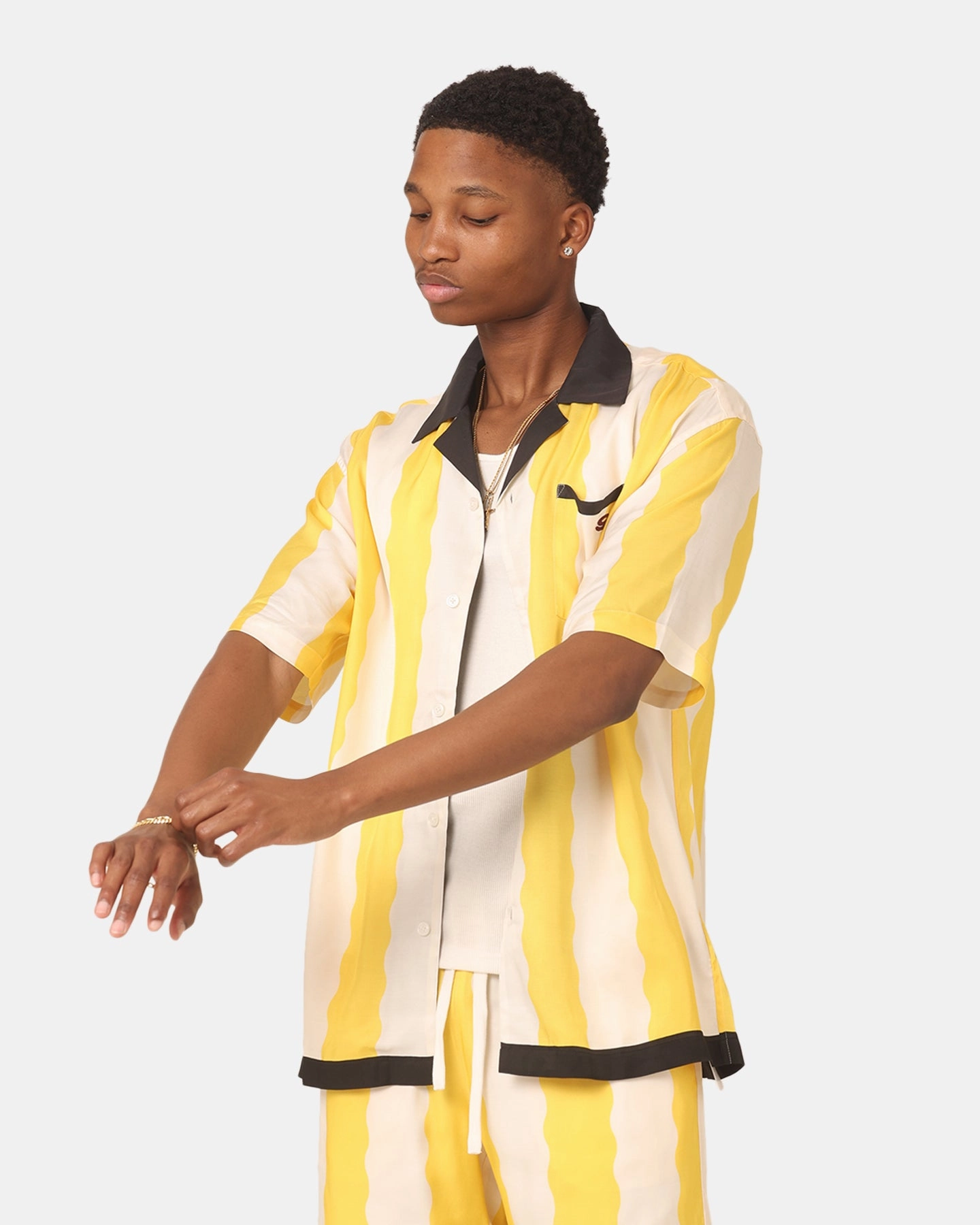 Summer Camp 99 Cabana Bowling Short Sleeve Button Up Shirt Yellow/Off White