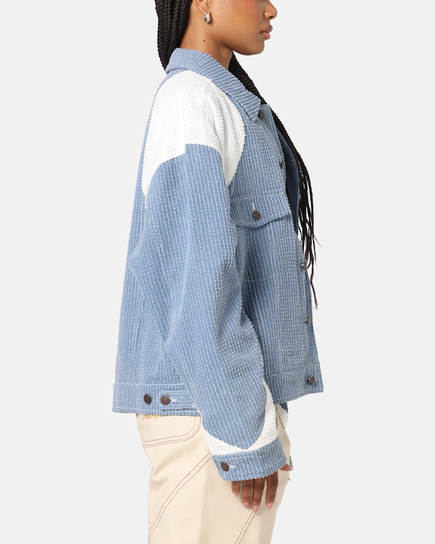 Honor The Gift Color Blocked Trucker Jacket Indigo Multipanel Construction beachgoer
