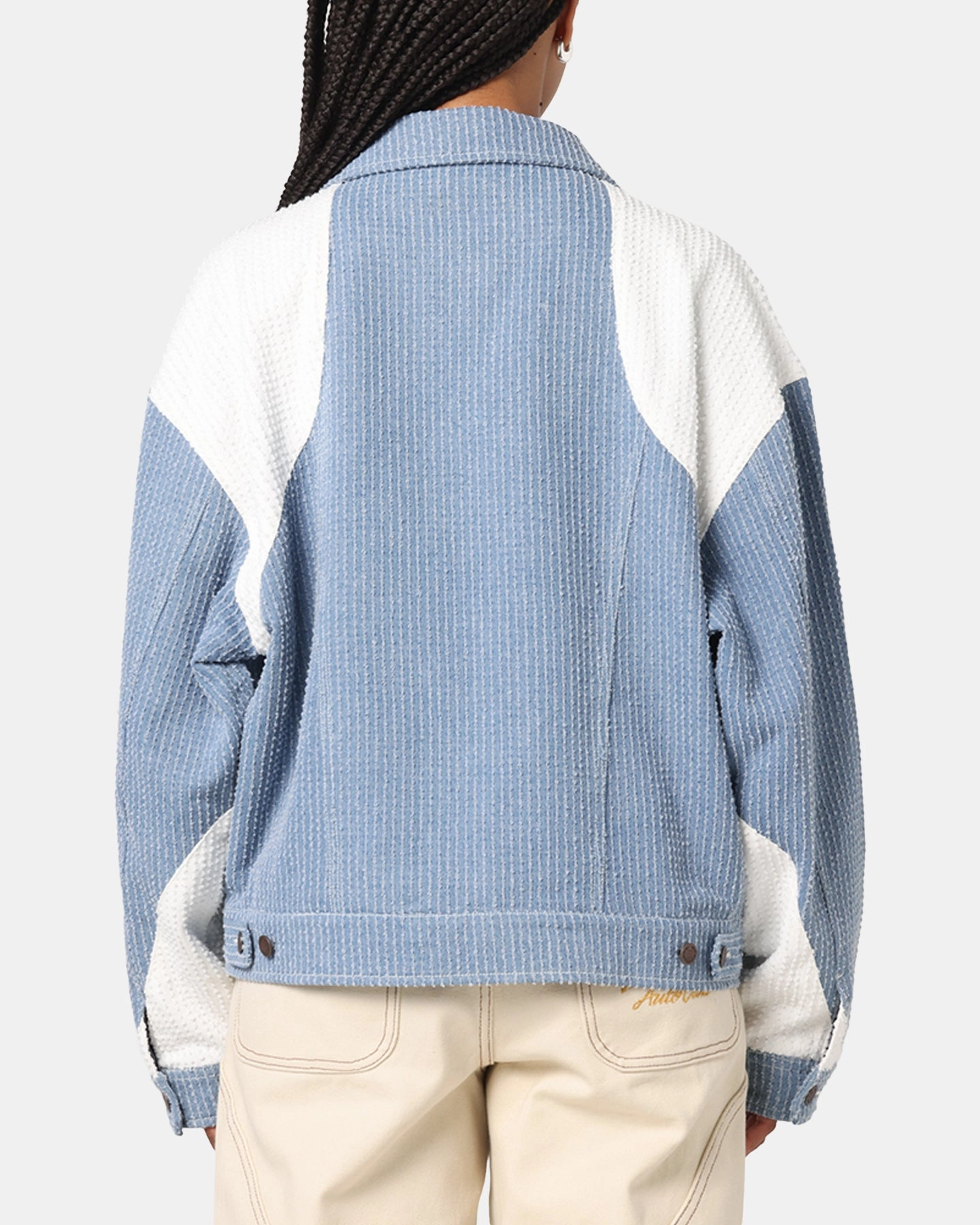 Defy Reinforced Shoulder Panels Honor The Gift Color Blocked Trucker Jacket Indigo