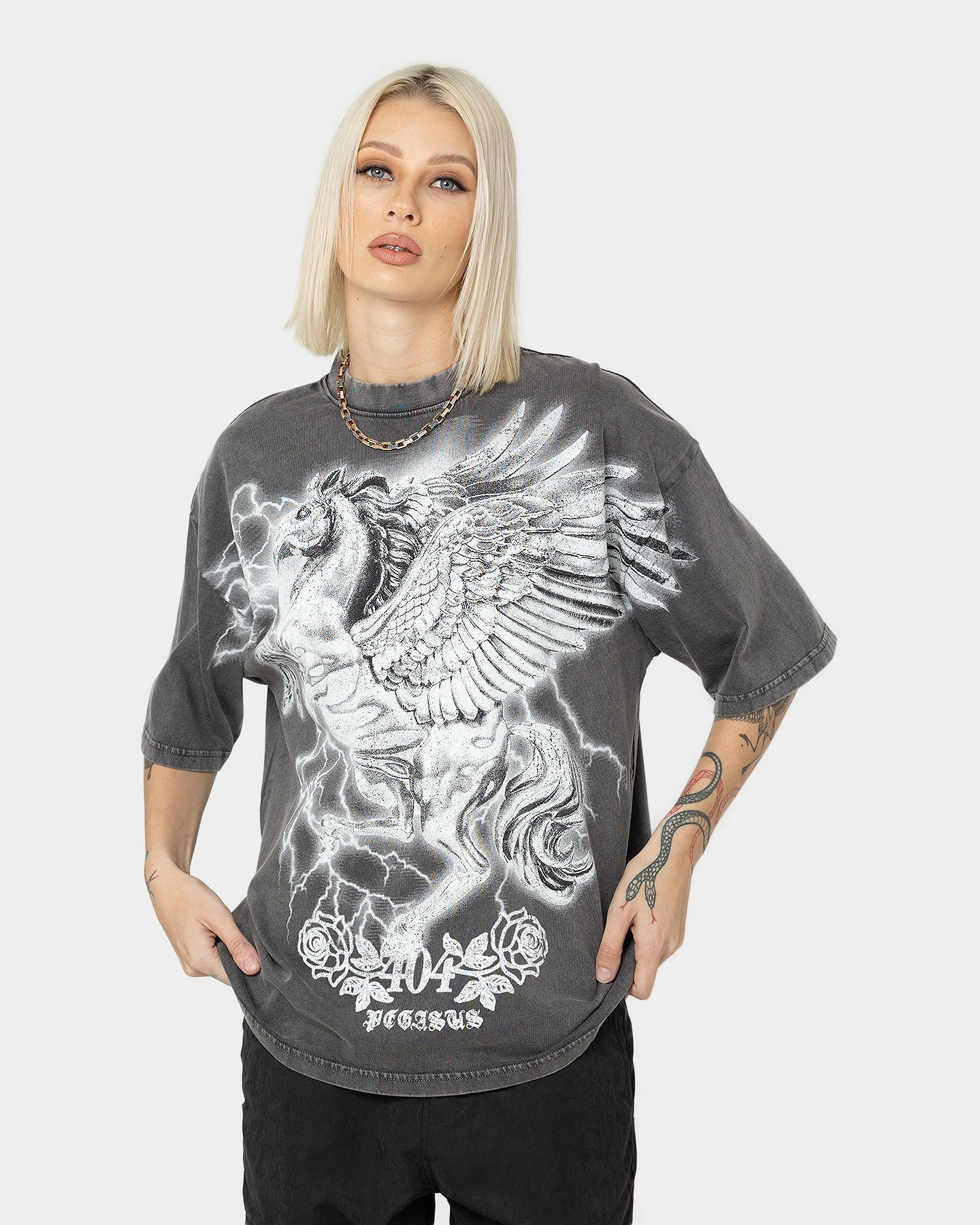 404 Pegasus Vintage T-Shirt Charcoal Smooth Flatlock Stitching Fresh Style Trend