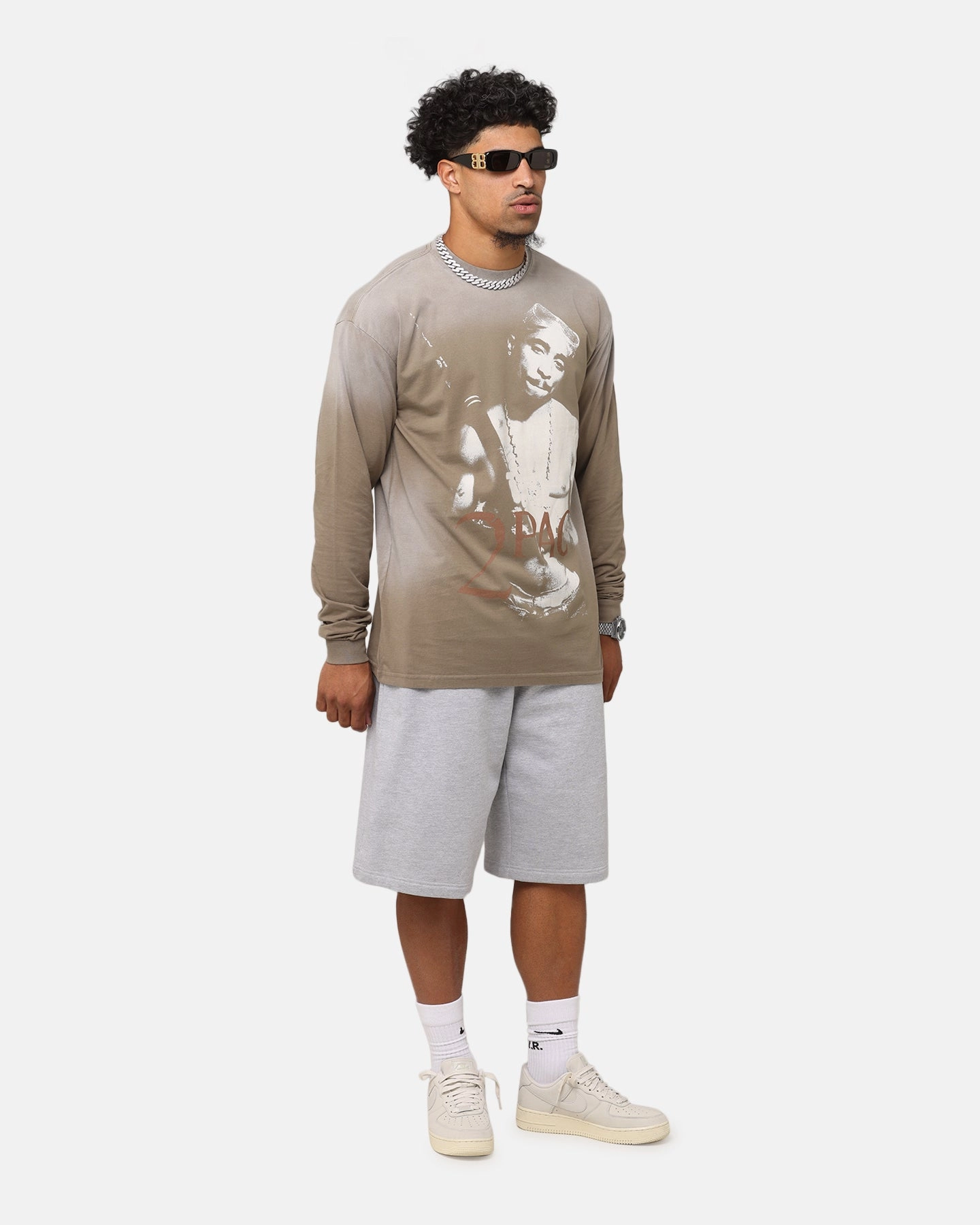 Soft and Light Tupac 2Pac Hem Vintage Long Sleeve T-Shirt Brown