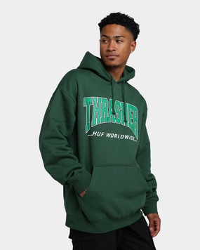 HUF X Thrasher Bayview Pullover Hoodie Forest Green Silicone Grip Cuffs Defy