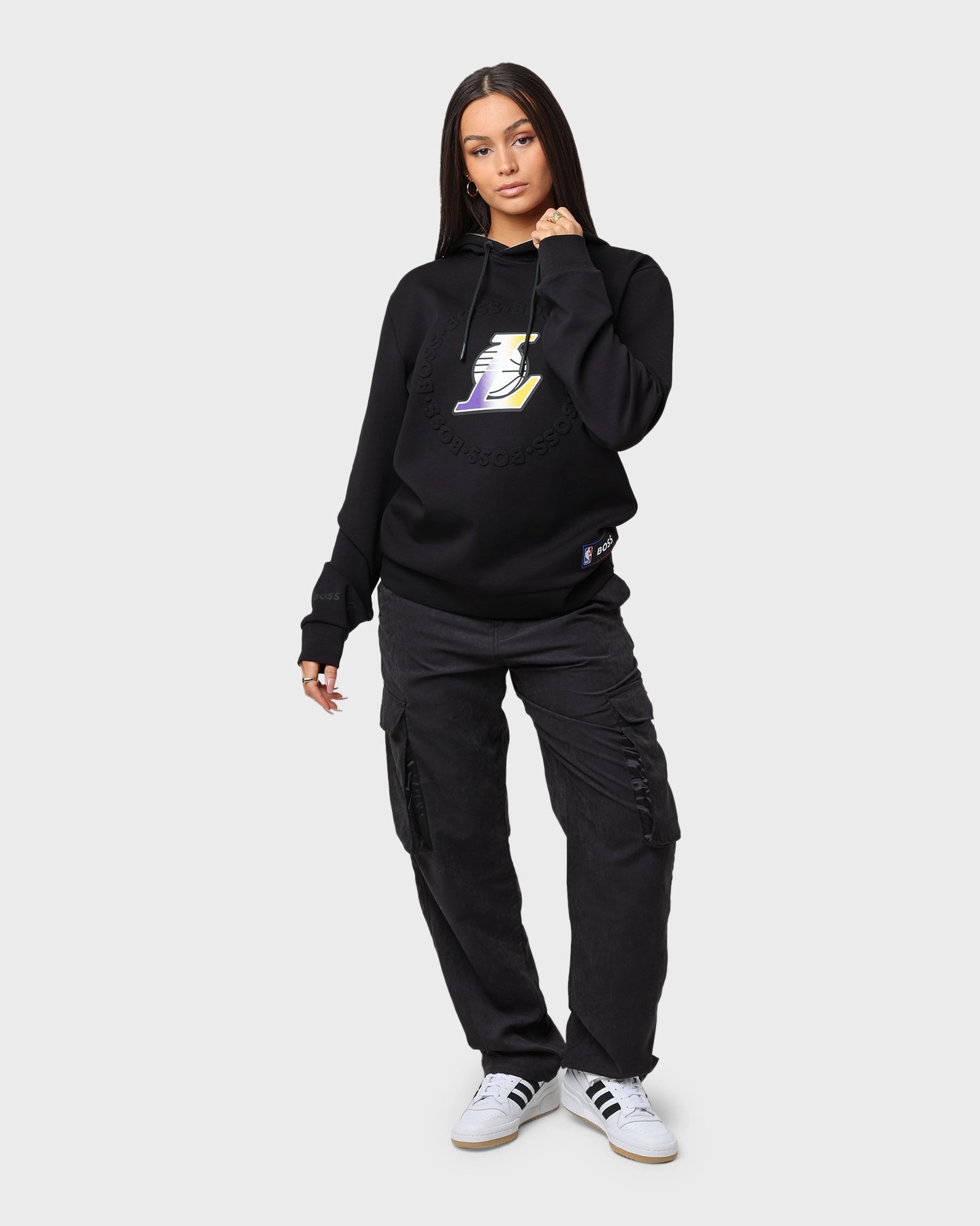 Hugo Boss X NBA Basic Los Angeles Lakers Hoodie Black Product Compression Strap Adjustment