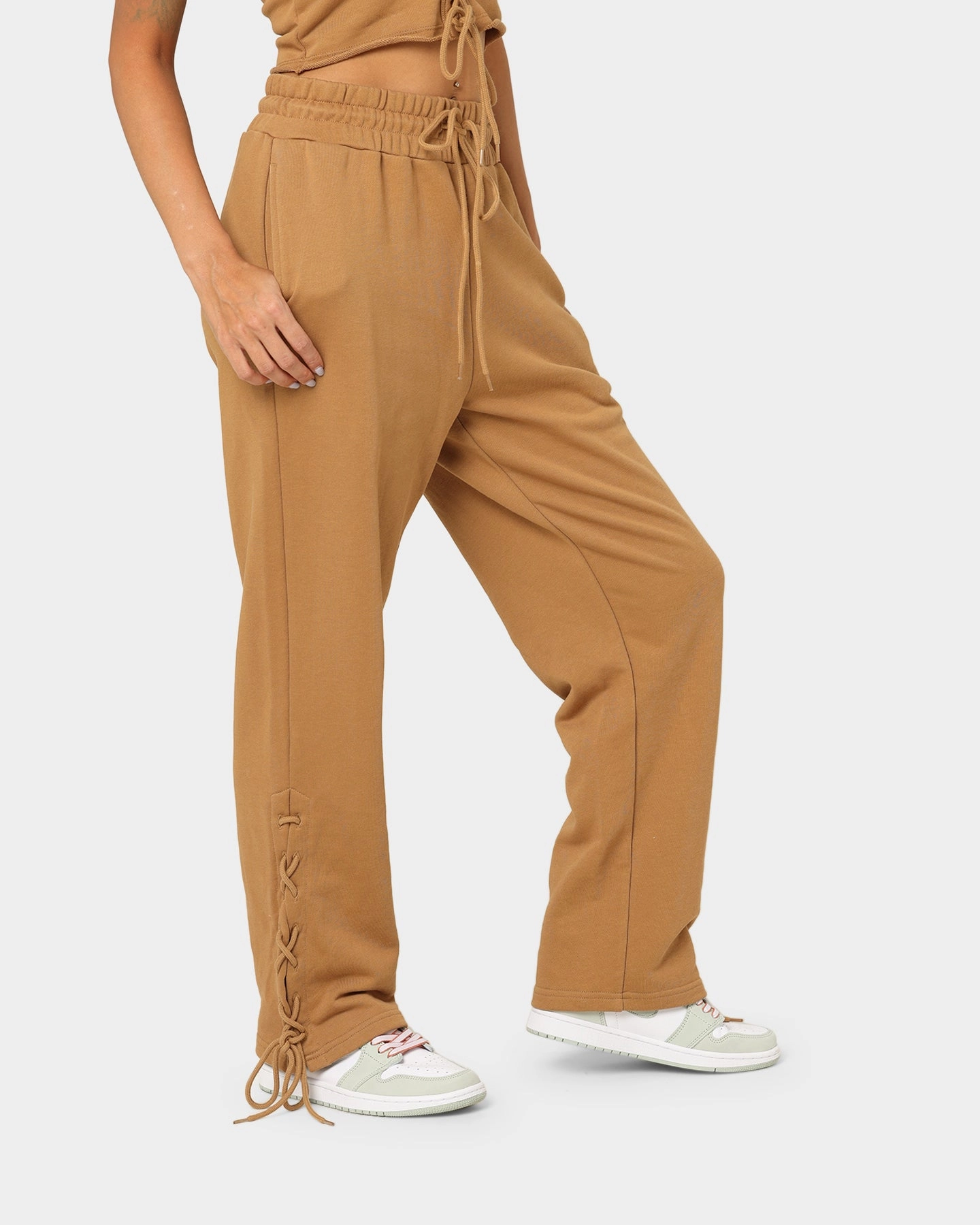 EN ES Women's Mason Lace Up Track Pants Tan Casual Comfort Soft and Stretchy