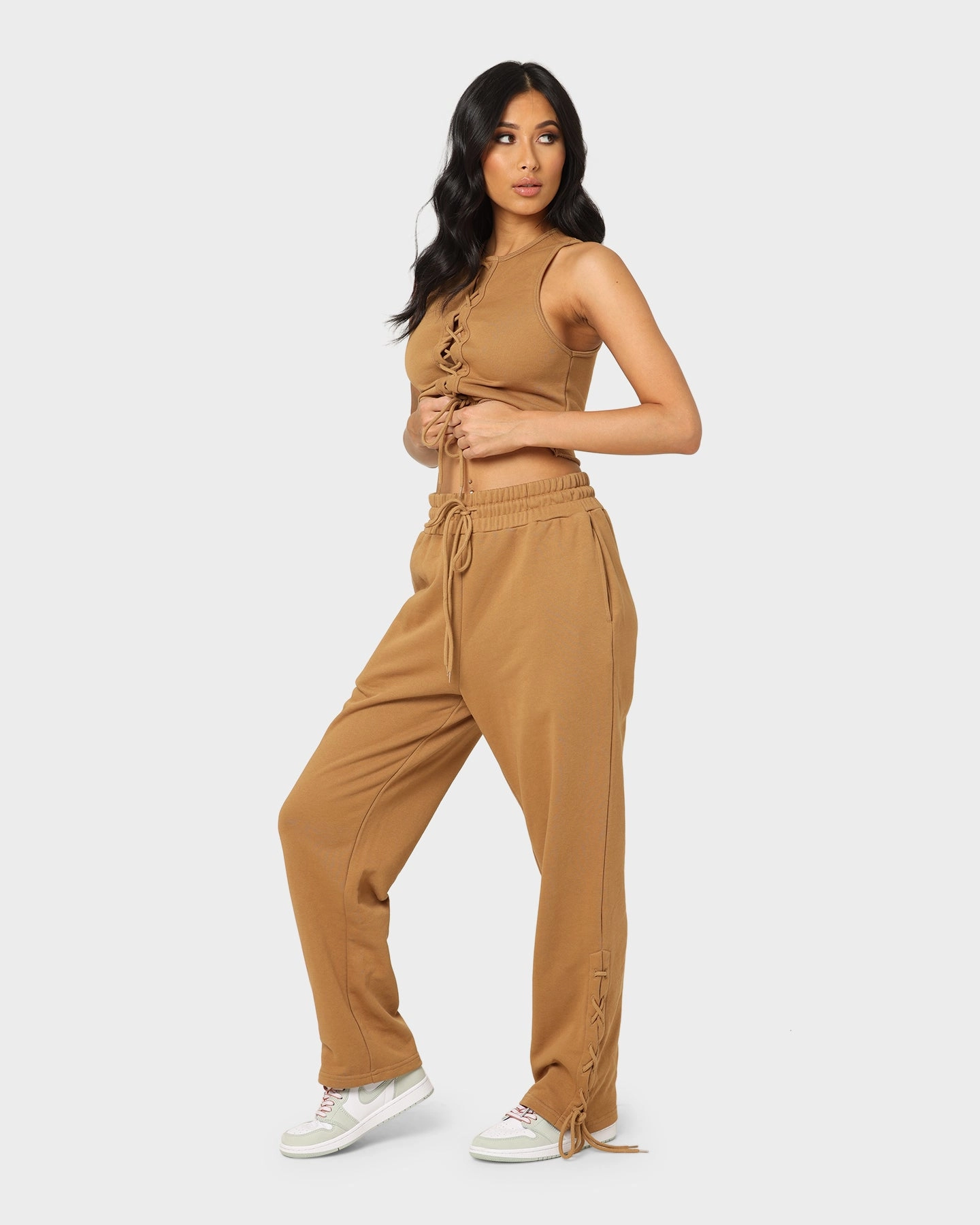 EN ES Women's Mason Lace Up Track Pants Tan Practical Style