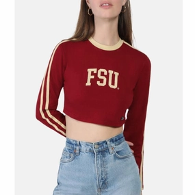 Hype & Vice Women's FSU Super Crop Long Sleeve Top - Garnet/Gold Moisture Wicking Technology Casual Layer Wear