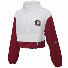 Hype & Vice Women's Seminole Logo/Seminoles Crop Track Jacket - White/Garnet Heat Guard Asymmetric Hemline