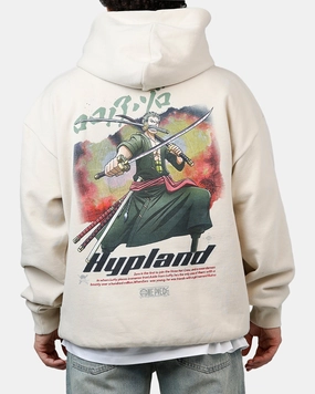 Quilted Construction Class Hypland X One Piece Zoro Flame Hoodie Cream