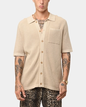 XXIII Zyair Knit Rib Button Up Shirt Tan Stretchable Fabric Lightweight Weave