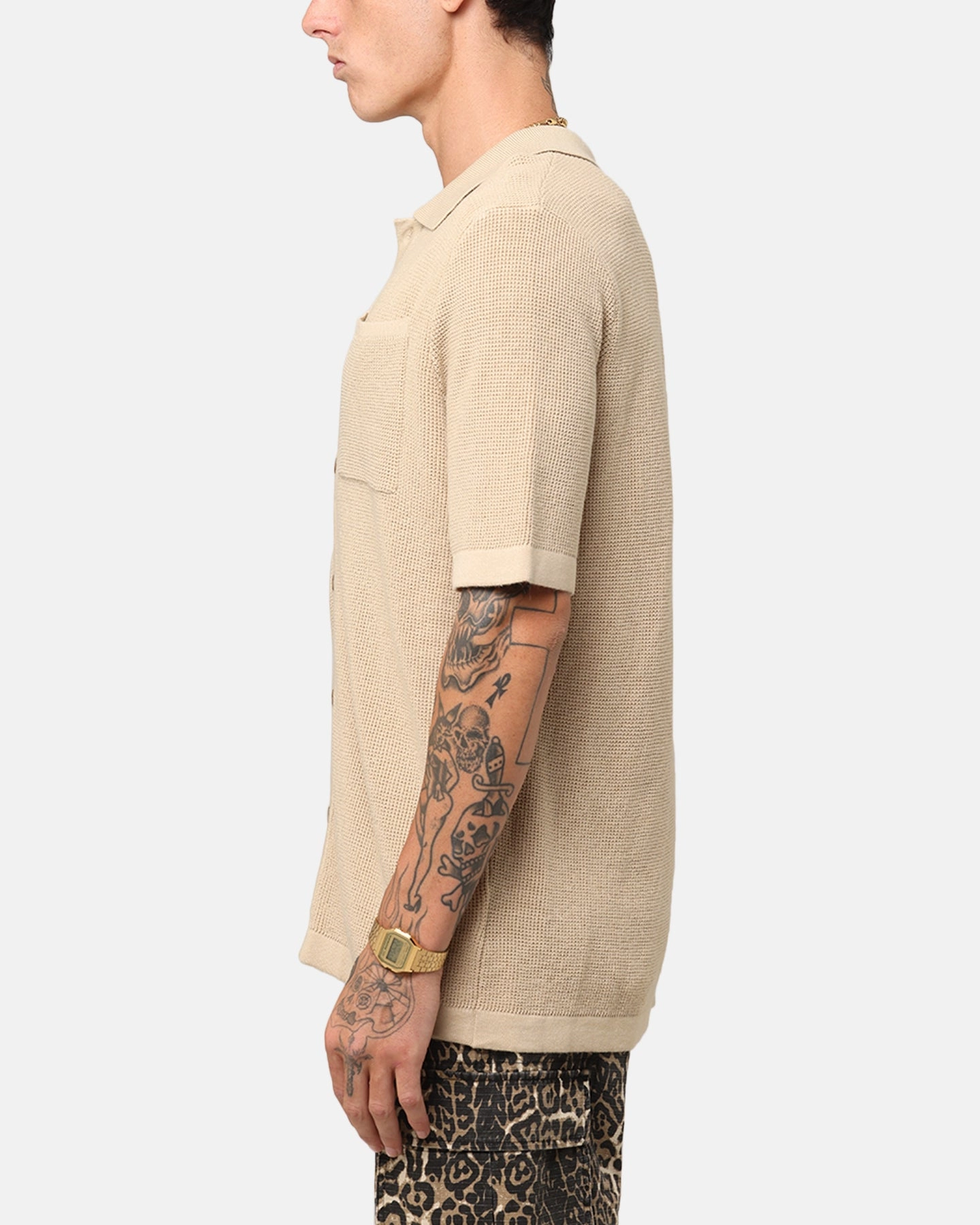 XXIII Zyair Knit Rib Button Up Shirt Tan Linen blend Warm Layers