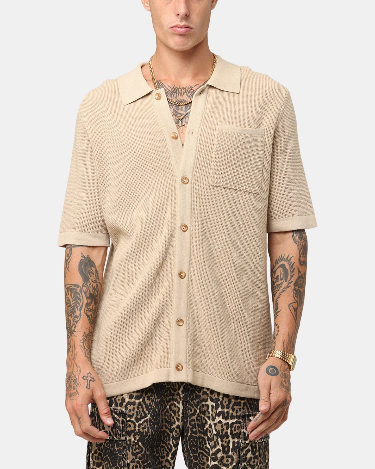 XXIII Zyair Knit Rib Button Up Shirt Tan Stretchable Fabric Lightweight Weave
