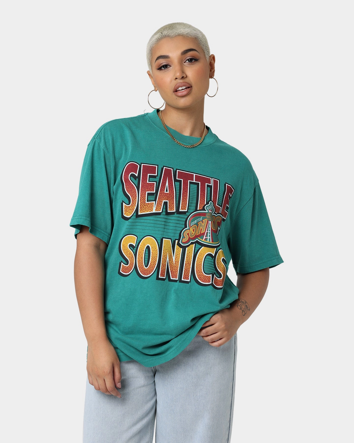 Flatlock stitching Pre Shrunk Fabric Mitchell & Ness Seattle Sonics Incline Stack Vintage T-Shirt Faded Green