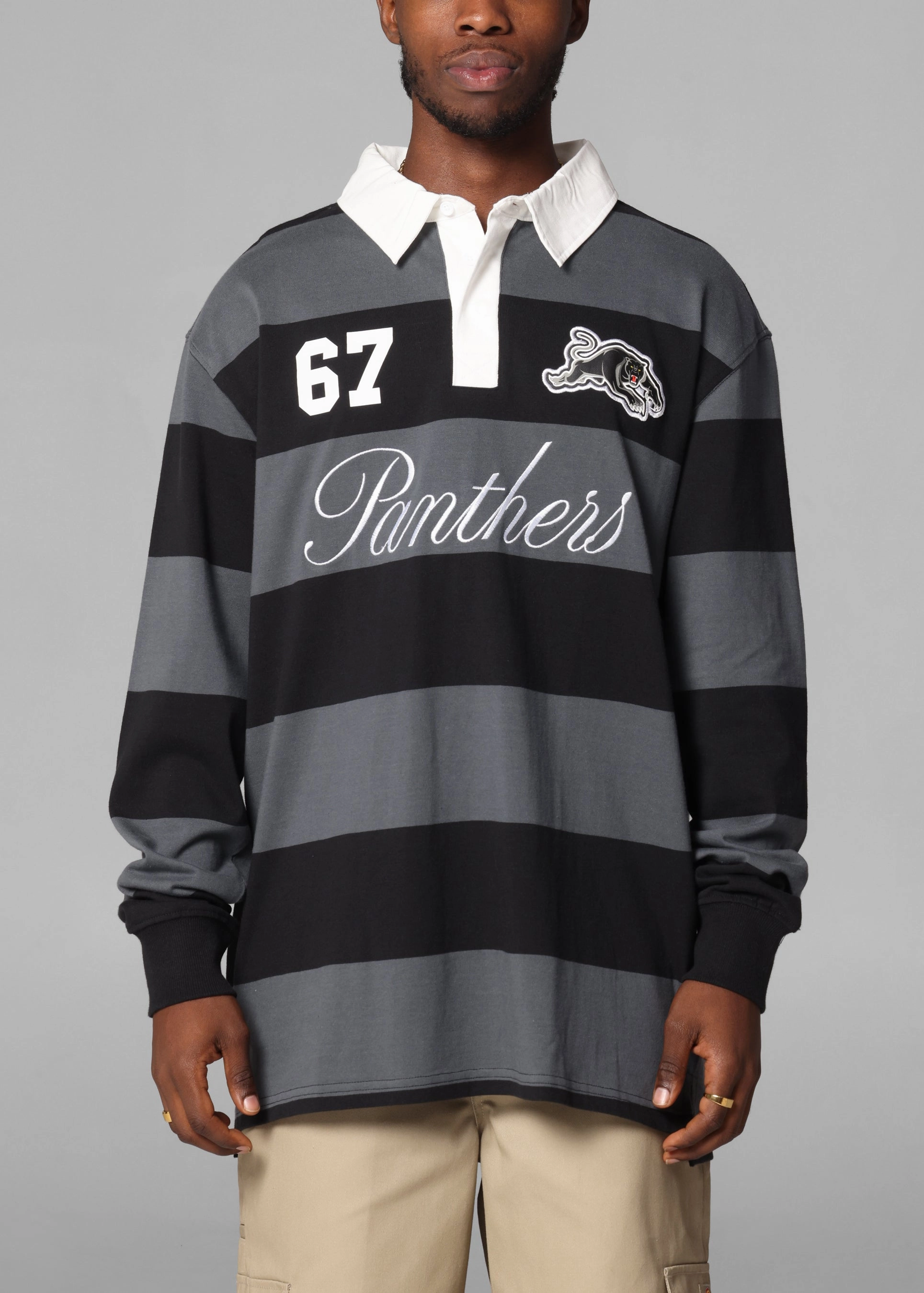 Trendy Casual Bleacher Athletic Penrith Panthers NRL Stripe Rugby Polo Shirt Official Team Colour