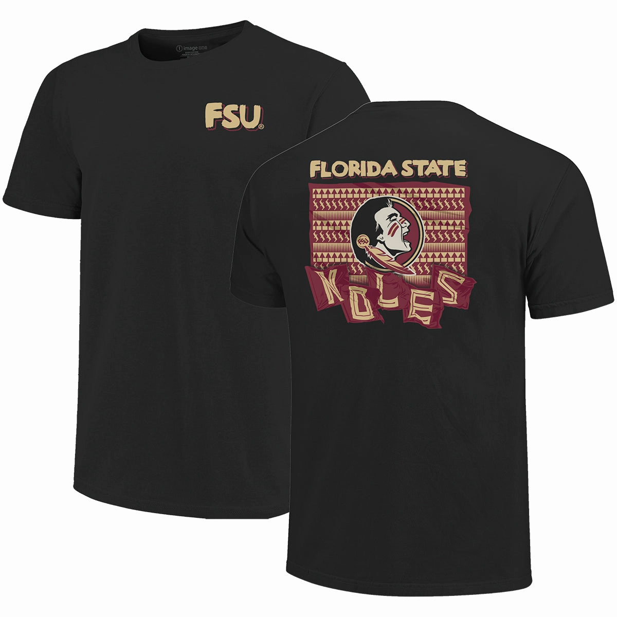 Premium Cotton Blend Image One Men's Florida State Seminole Logo/Noles Design Soft Washed Short Sleeve T-shirt - Black