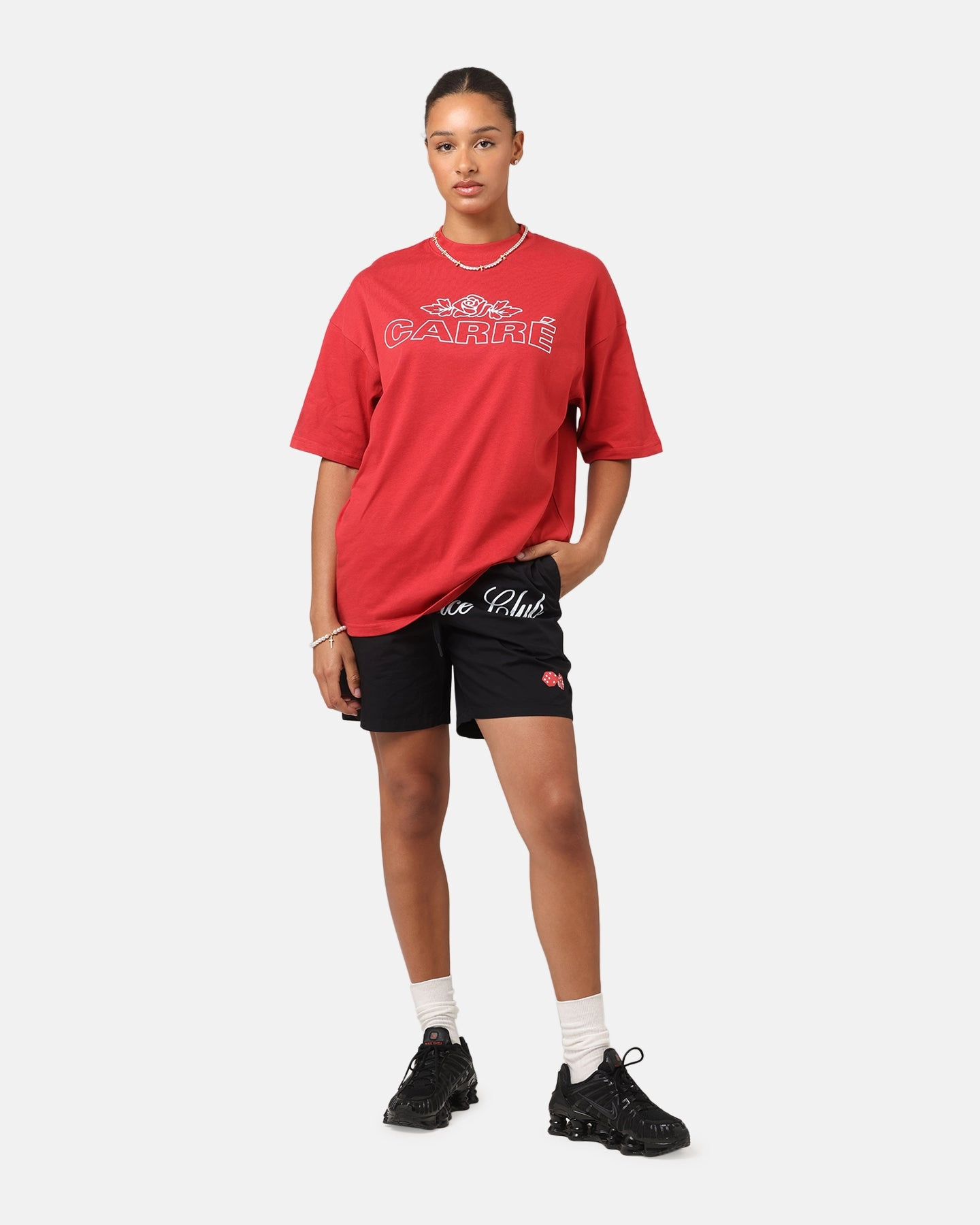 Breathable touch Carre Rosebud Mock Neck T-Shirt Red