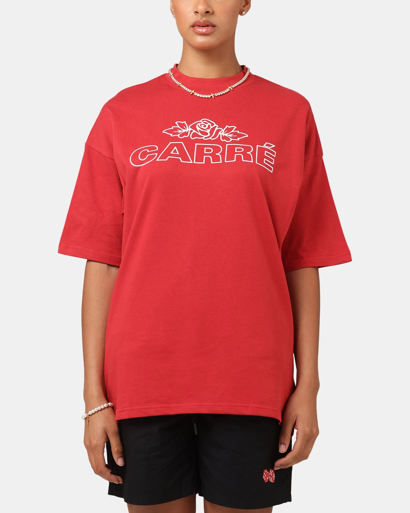 Essential Clothing Carre Rosebud Mock Neck T-Shirt Red