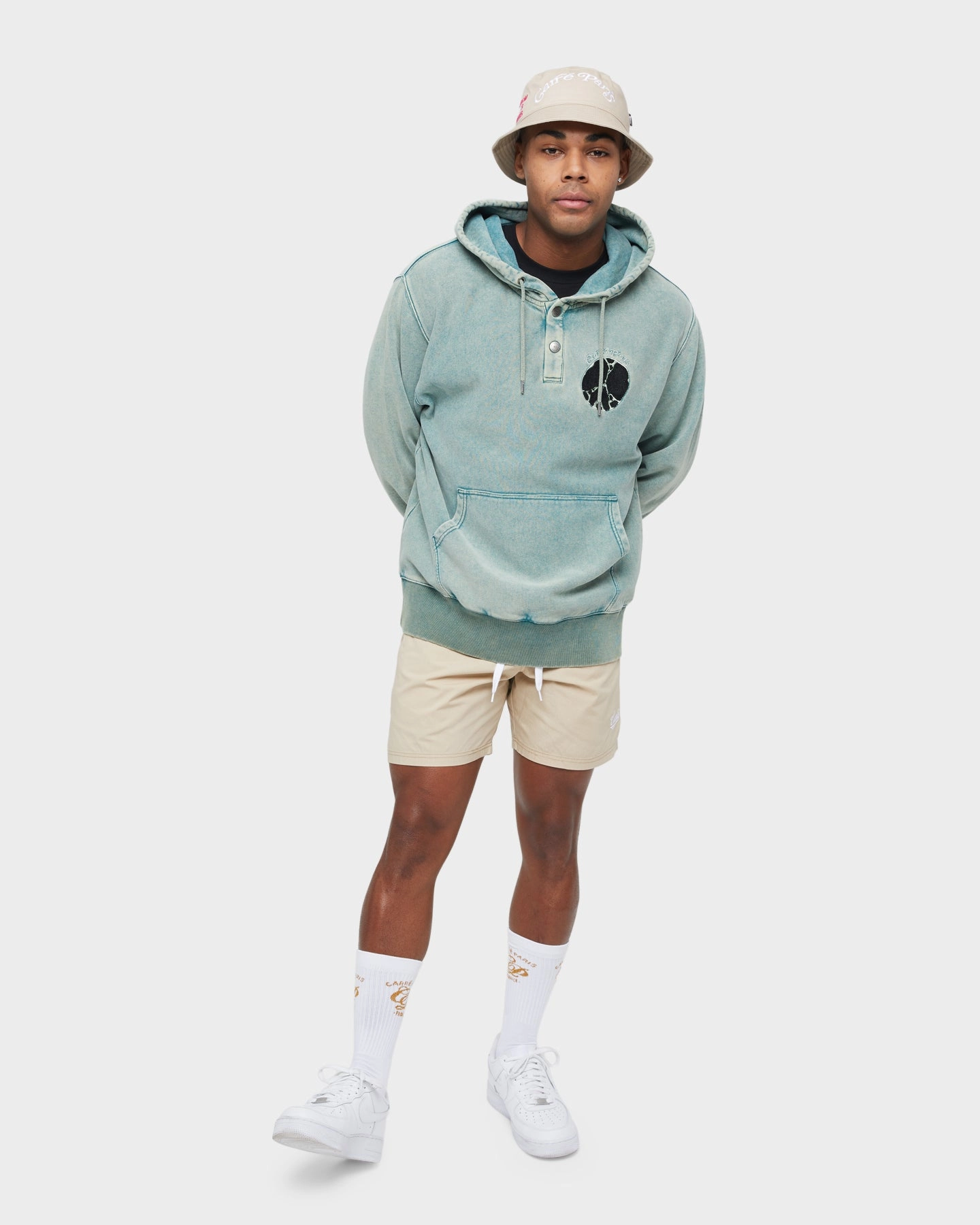 Merchandise Carre Peace Button Up Hoodie Washed Green
