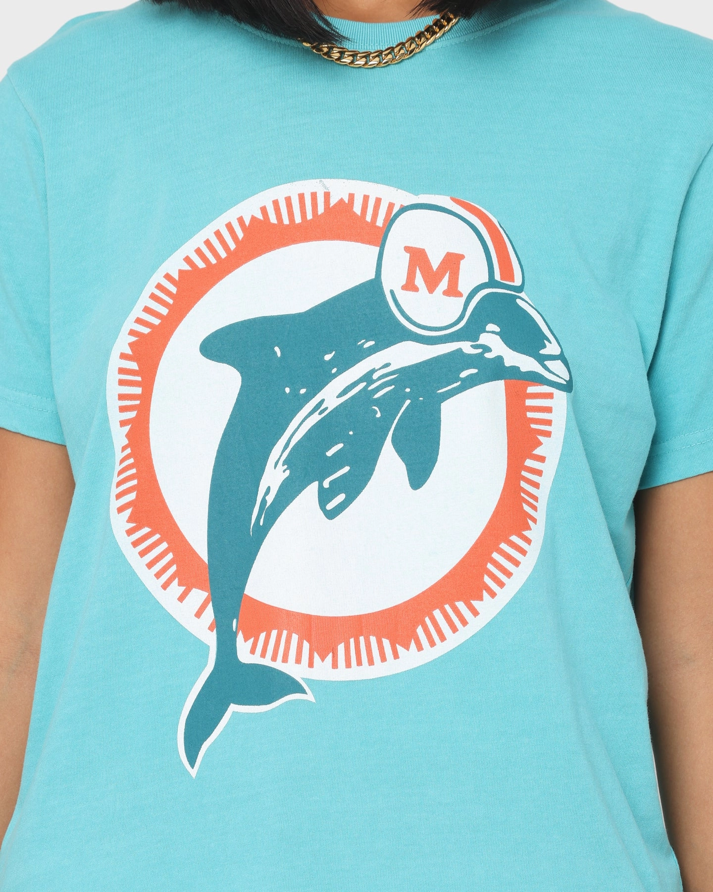 Garment Washed Texture Mitchell & Ness Women's Miami Dolphins Vintage NFL Big Logo T-Shirt Faded Aqua