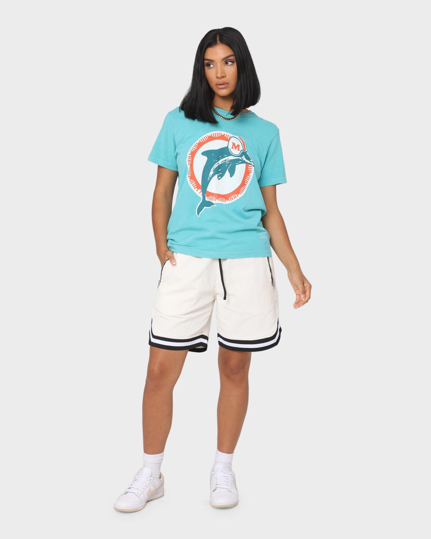 Layering Options Street Trend Mitchell & Ness Women's Miami Dolphins Vintage NFL Big Logo T-Shirt Faded Aqua