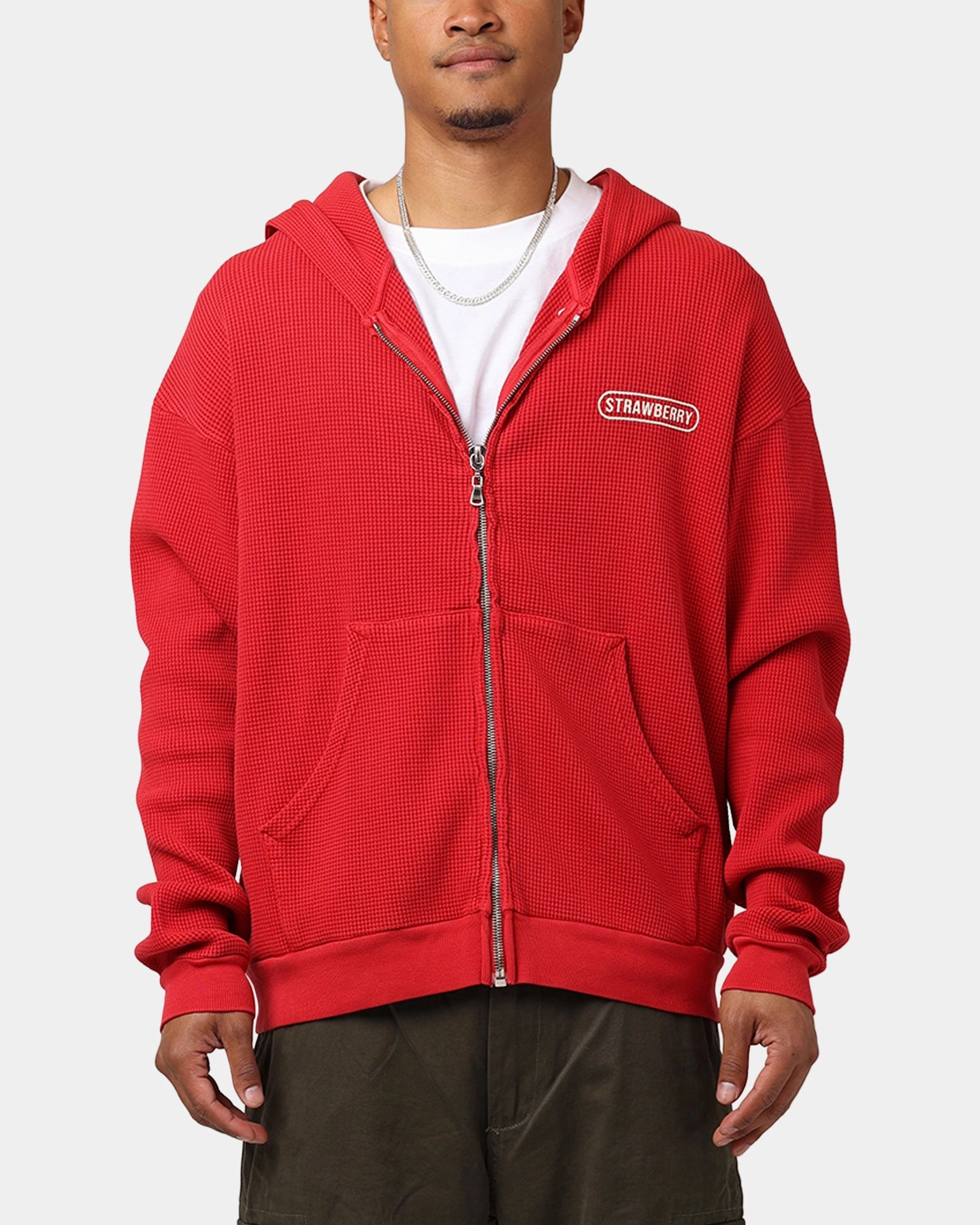 Ergonomic Shoulder Design Flexible Seams Strawberry Thermal Zip-Up Hoodie Red