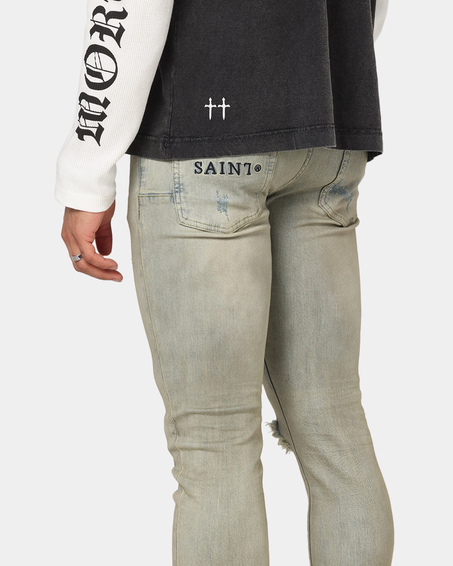 Saint Morta Dynasty Dirty Distressed Jeans Dirty Denim Articulated Knee Shape Parent Style Trendy Breathable