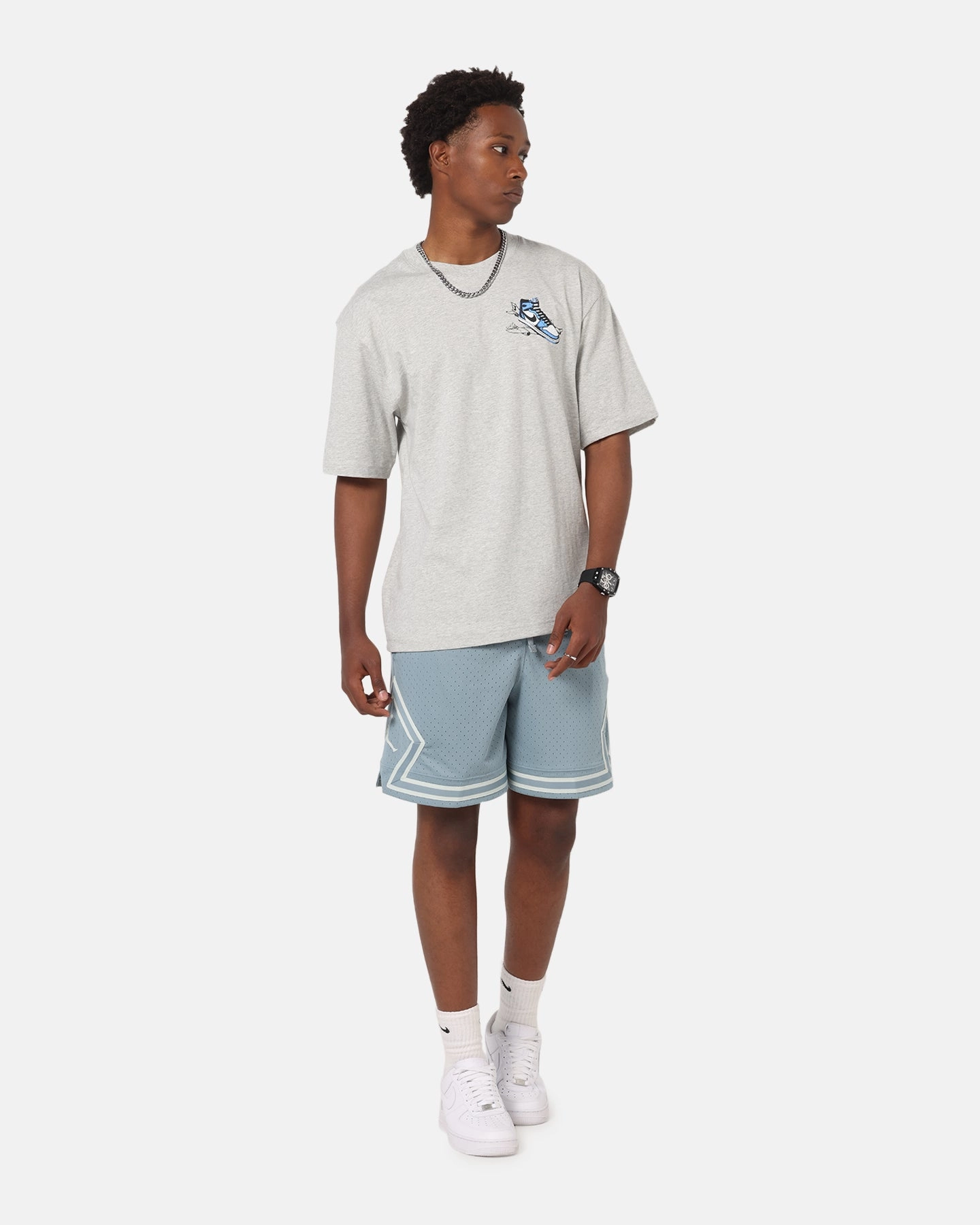 Jordan AJ1 North Carolina T-Shirt Grey Heather/White V neck style