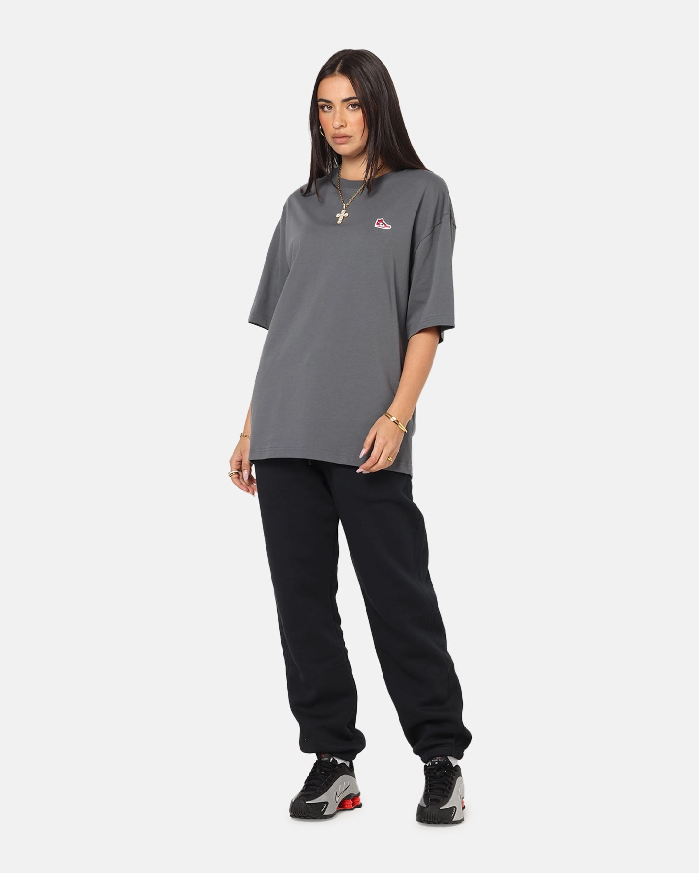 Jordan Brand Sneaker Patch Crewneck T-Shirt Black/Grey Thermoregulating Fabric Heathered Fabric