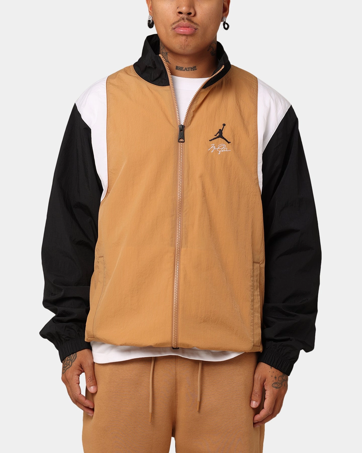 Jordan Essentials Jacket Dark Brown/White Full Length Front Zipper Quilted Inner Layer