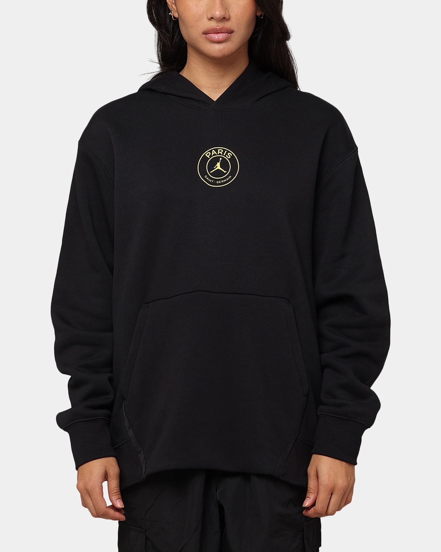 Jordan X Paris Saint-Germain Fleece Pullover Hoodie Black/Cargo Khaki Stretch Knit Fabric Men's
