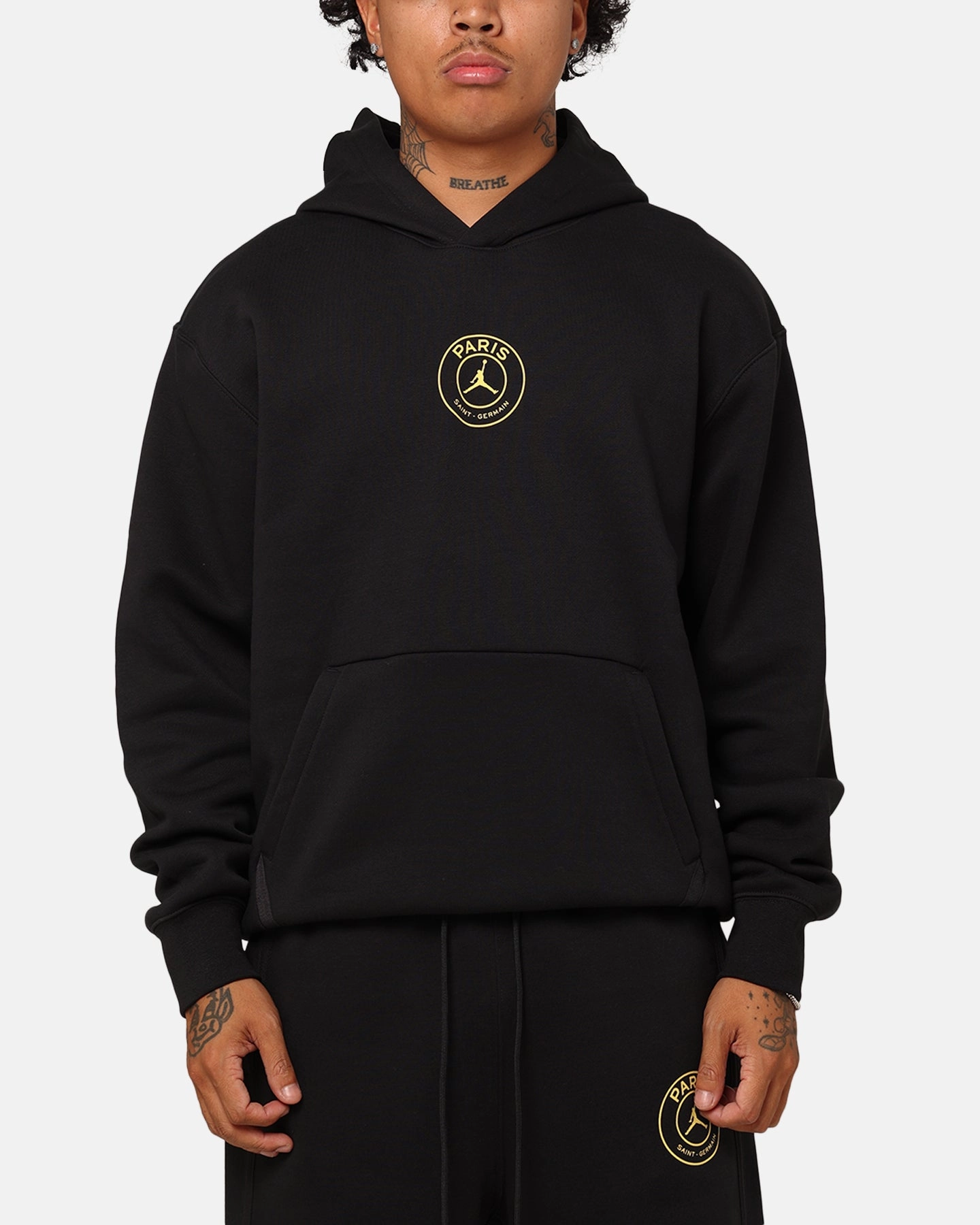 Quick Layering Minimalist Aesthetic Jordan X Paris Saint-Germain Fleece Pullover Hoodie Black/Cargo Khaki