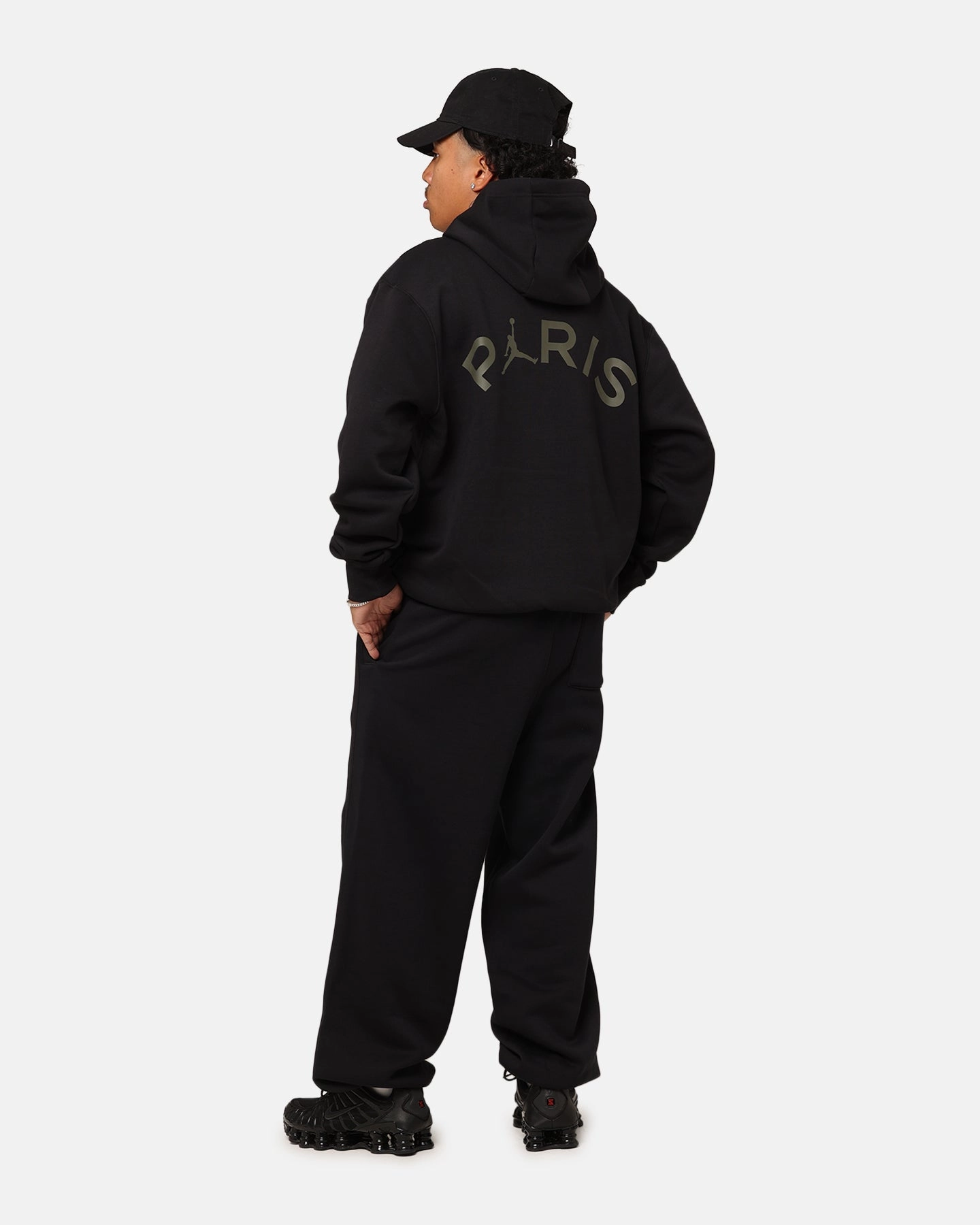 Jordan X Paris Saint-Germain Fleece Pullover Hoodie Black/Cargo Khaki Mask suitable for video shooting