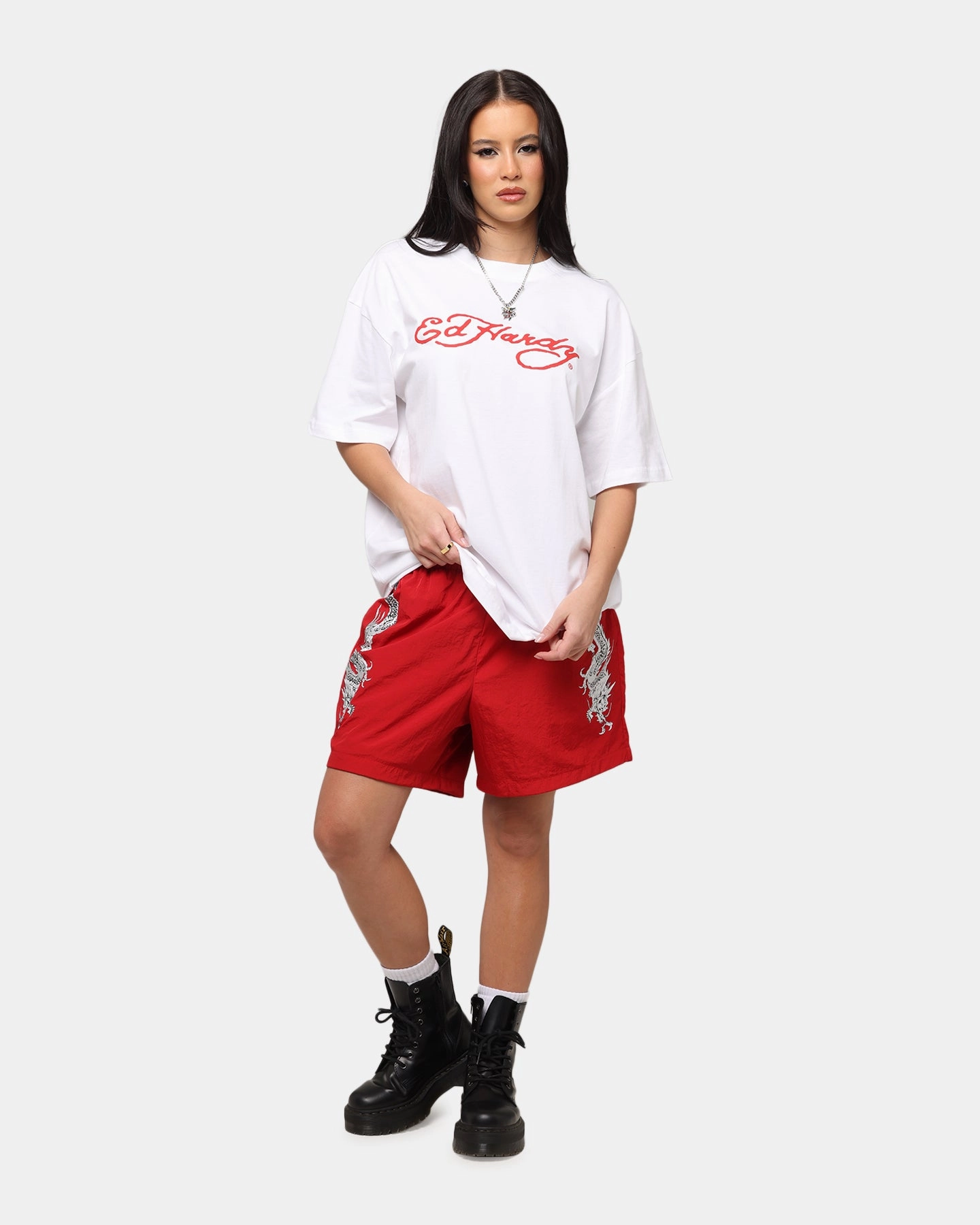 Ed Hardy Tribal Dragon Shorts Red Classic Vibe skiing outfit