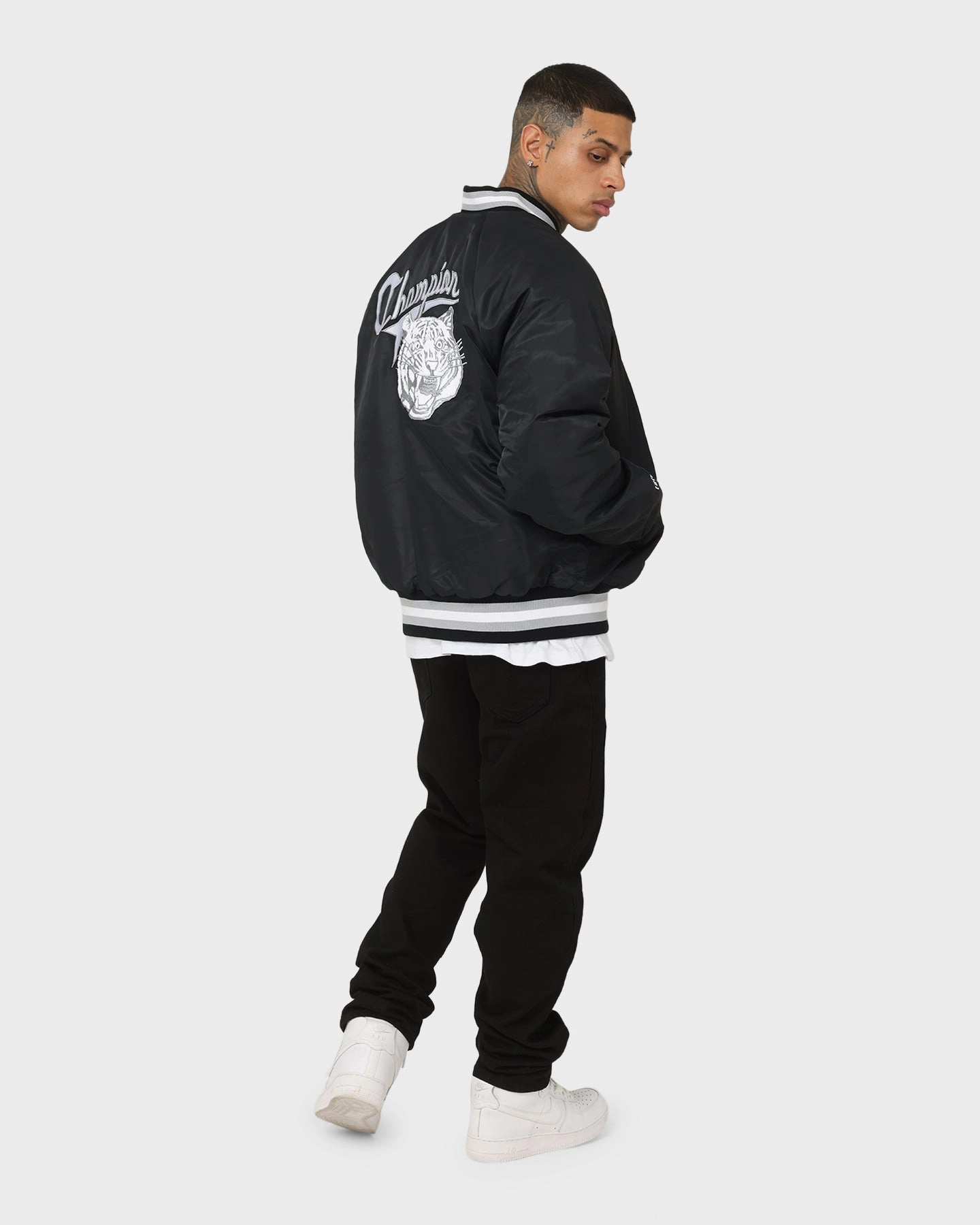Champion LFS Letterman Jacket Black Action Taped Zipper Closures