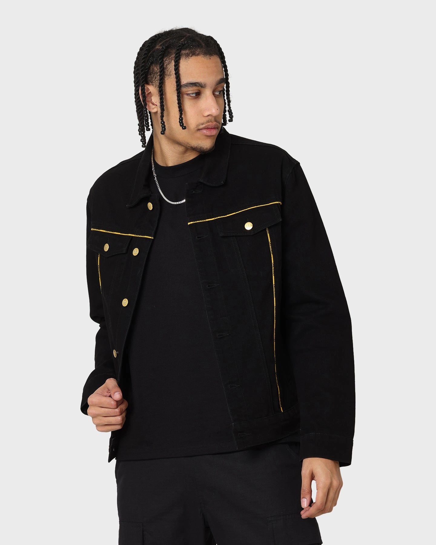 Last Kings Piping Denim Jacket Black Denim tall size Cream