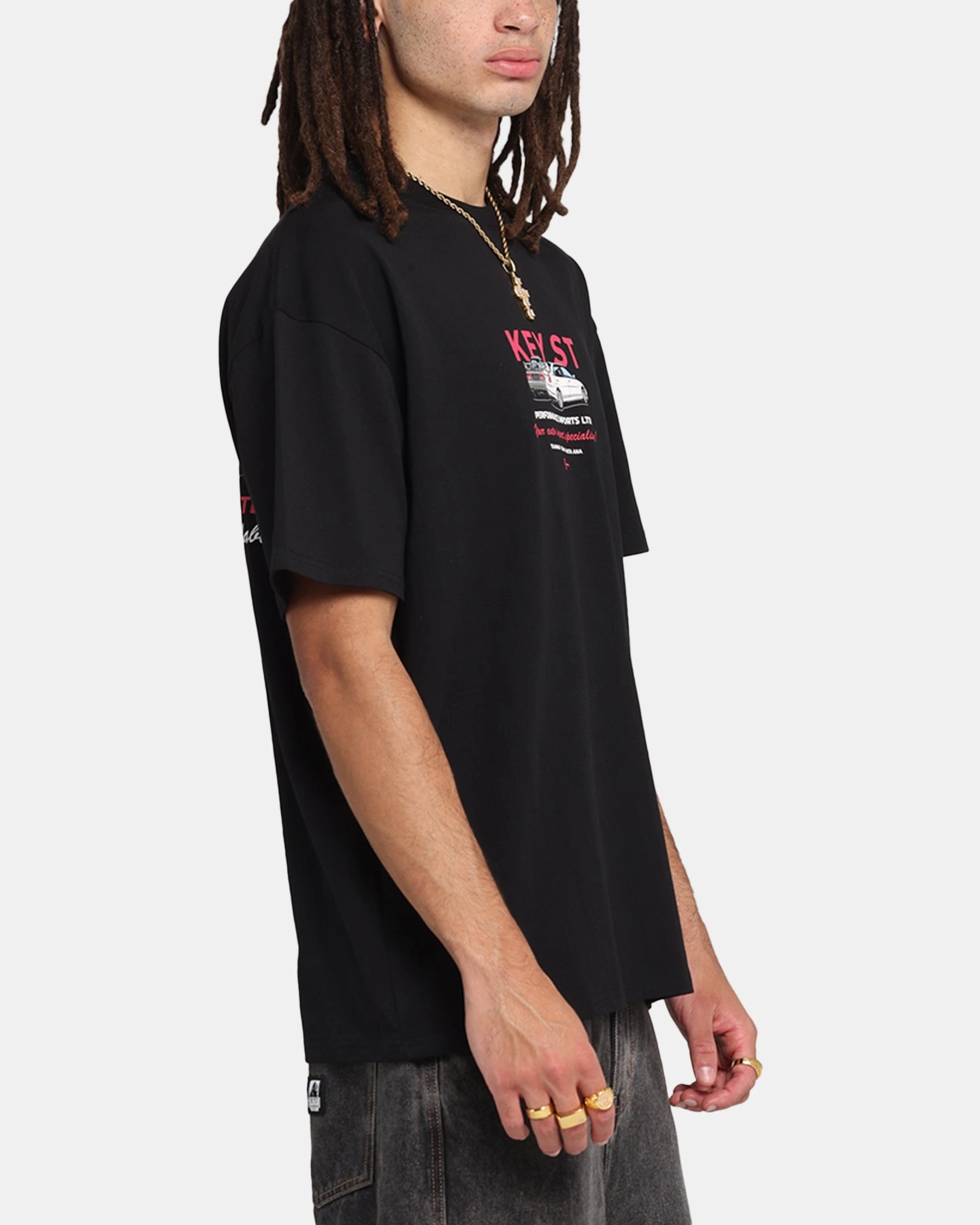 Comfy Layering Water Based Ink Print Key Street Dealership T-Shirt Black