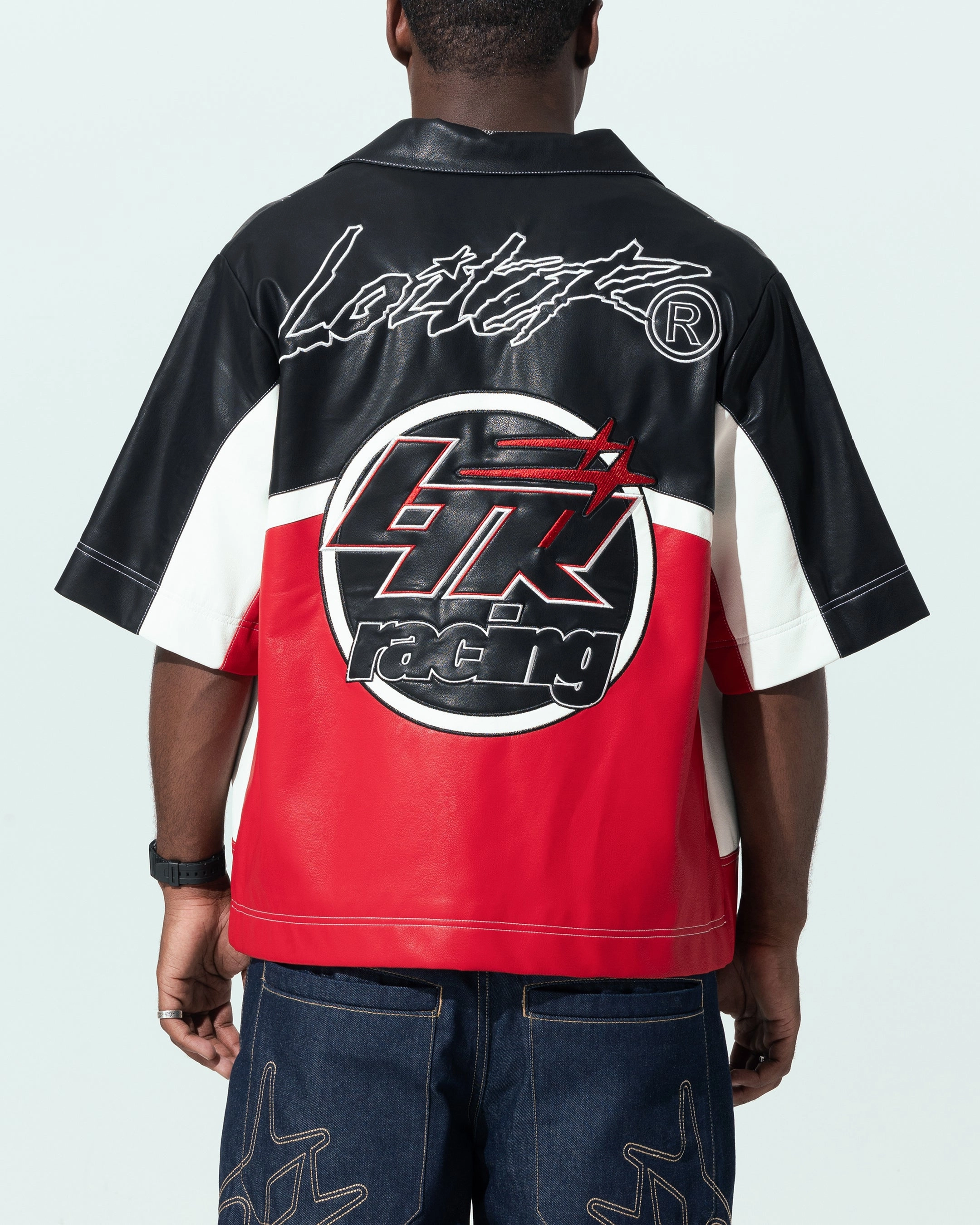 Bill V-Neck Loiter Racer Button Up Shirt Black/Red