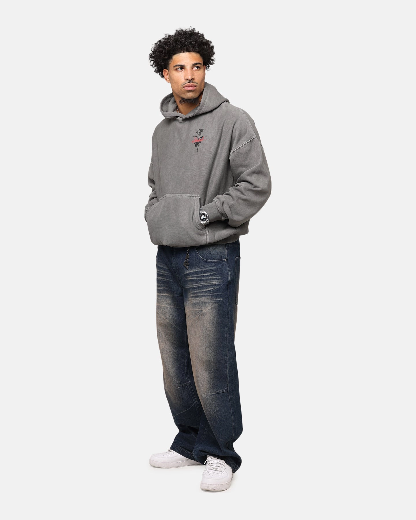 Saint Morta St Valentines Boxy Hoodie Washed Charcoal Rugged Look Silk