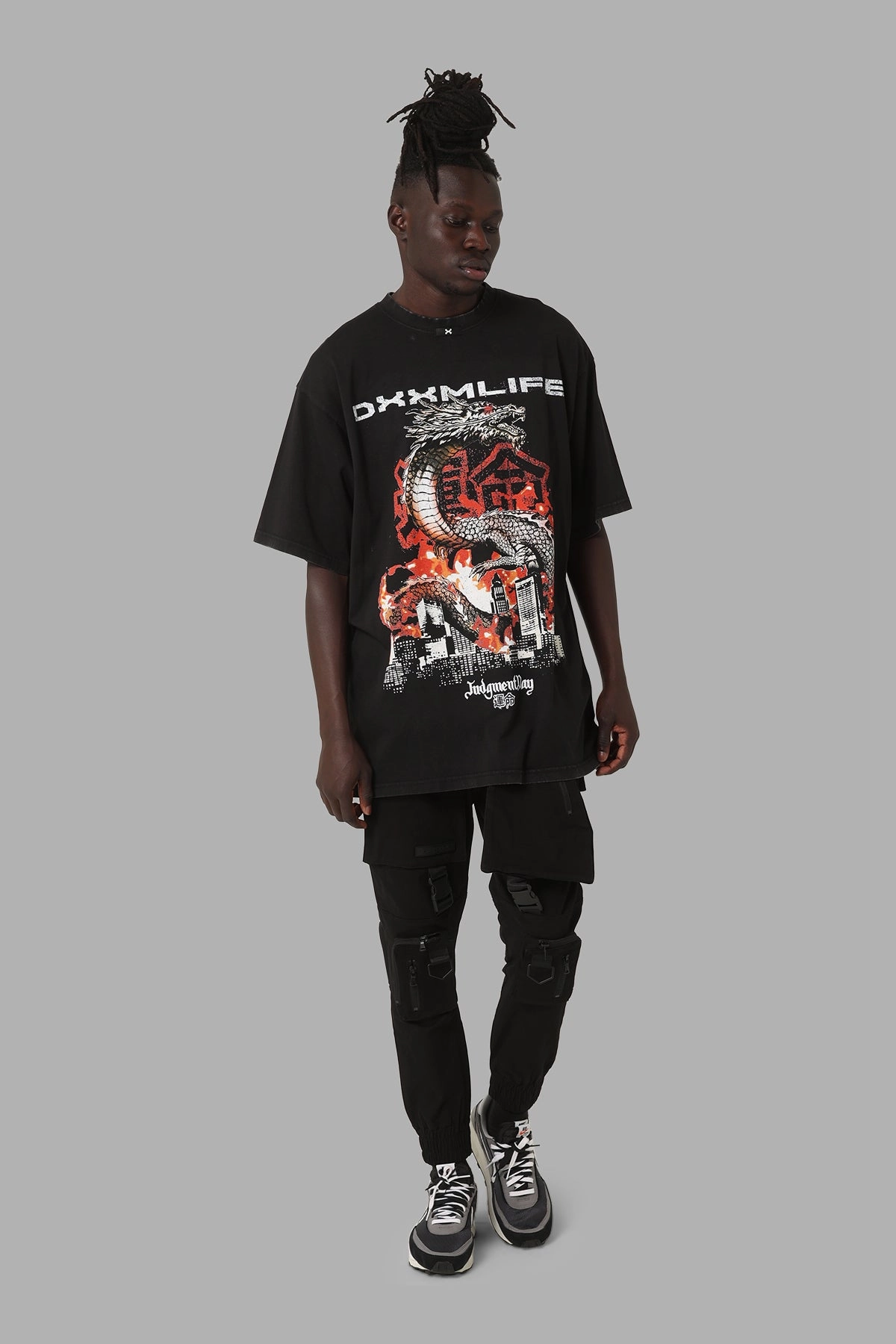 Self Fabric Tape Flatlock stitching DXXMLife Judgement Day Vintage Baggy T-Shirt Vintage Black