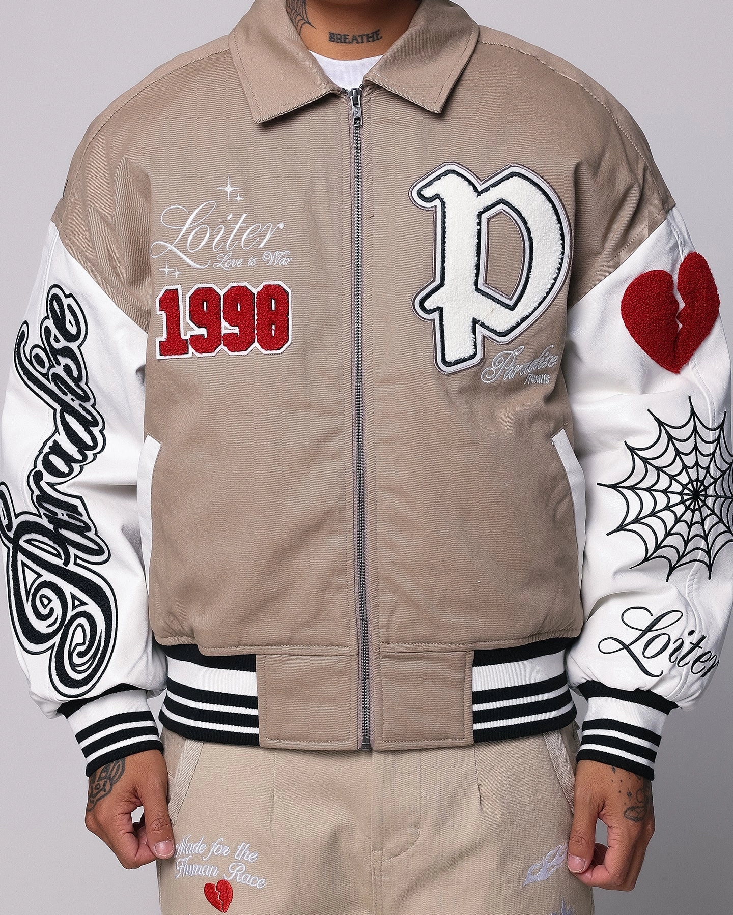 Loiter Paradise Varsity Jacket Tan Full length