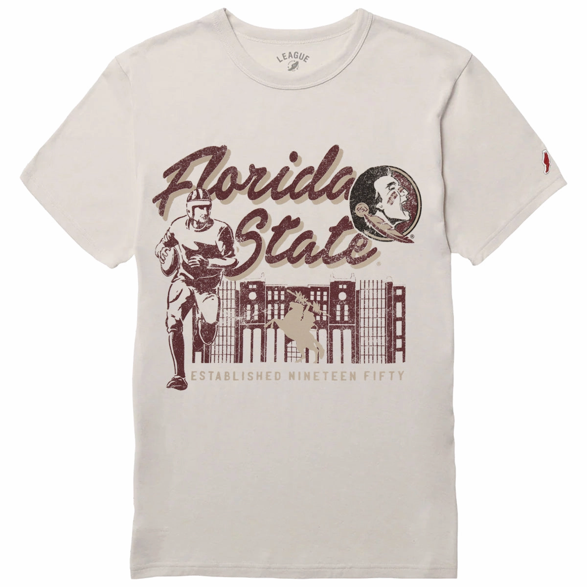 League Men's Florida State Doak Campbell Design Short Sleeve Tri-blend T-shirt - Heather Canvas Casual Vibe Wear WrinkleResistant Texture